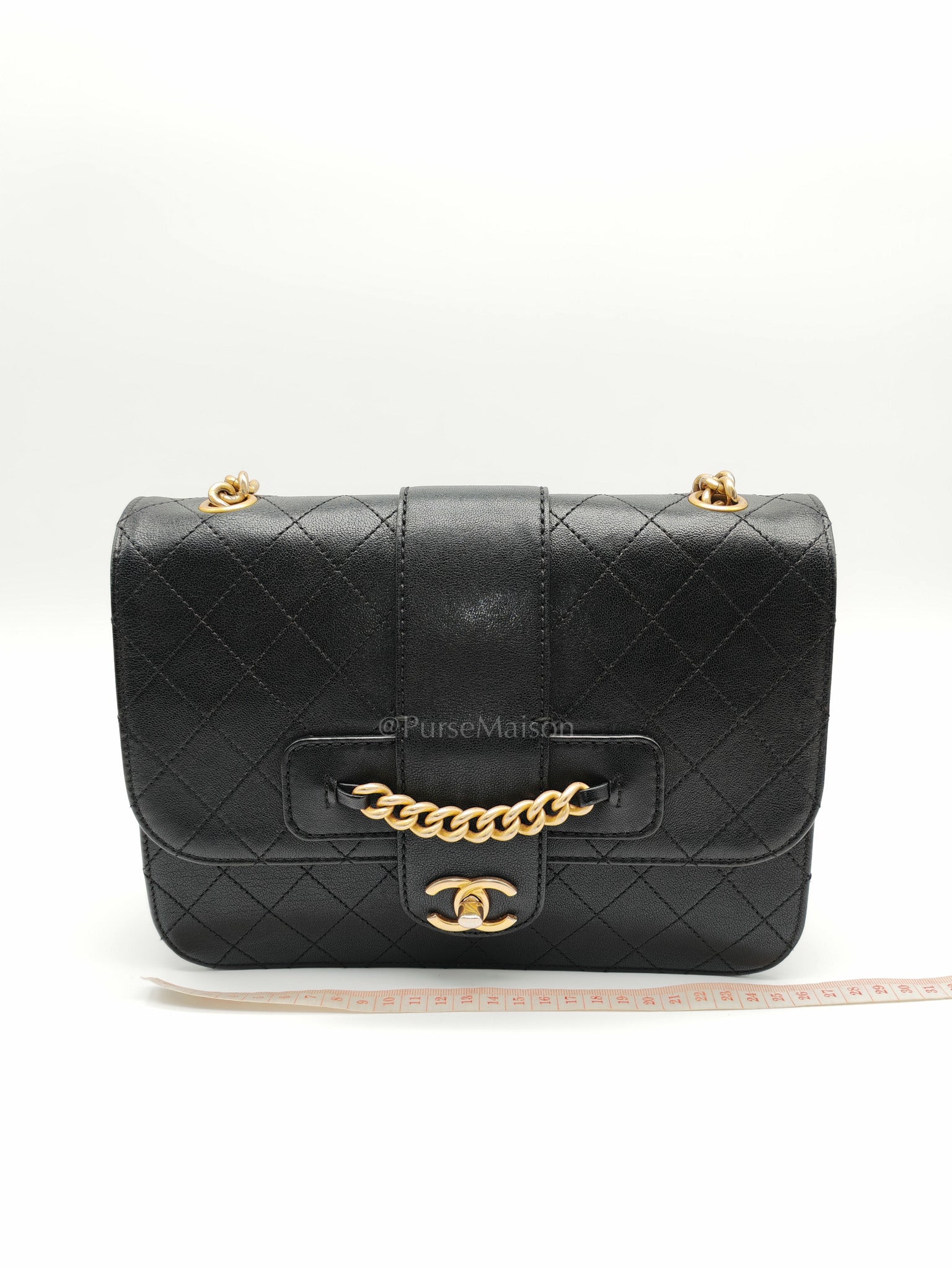 Chanel Front Chain Flap Bag in Black Quilted Calfskin Leather & Aged Gold Hardware Series 24 | Purse Maison Luxury Bags Shop