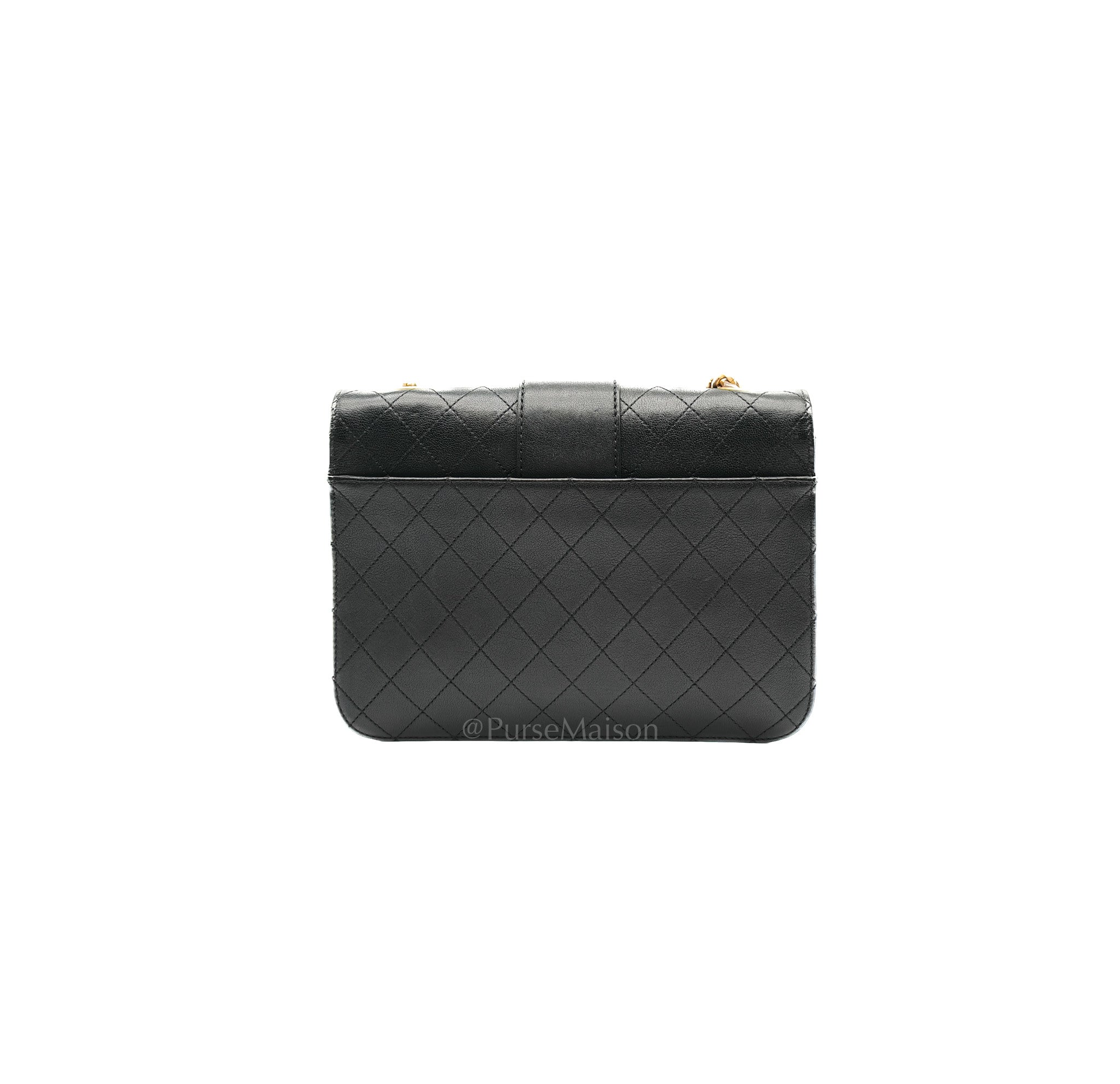 Chanel Front Chain Flap Bag in Black Quilted Calfskin Leather & Aged Gold Hardware Series 24 | Purse Maison Luxury Bags Shop