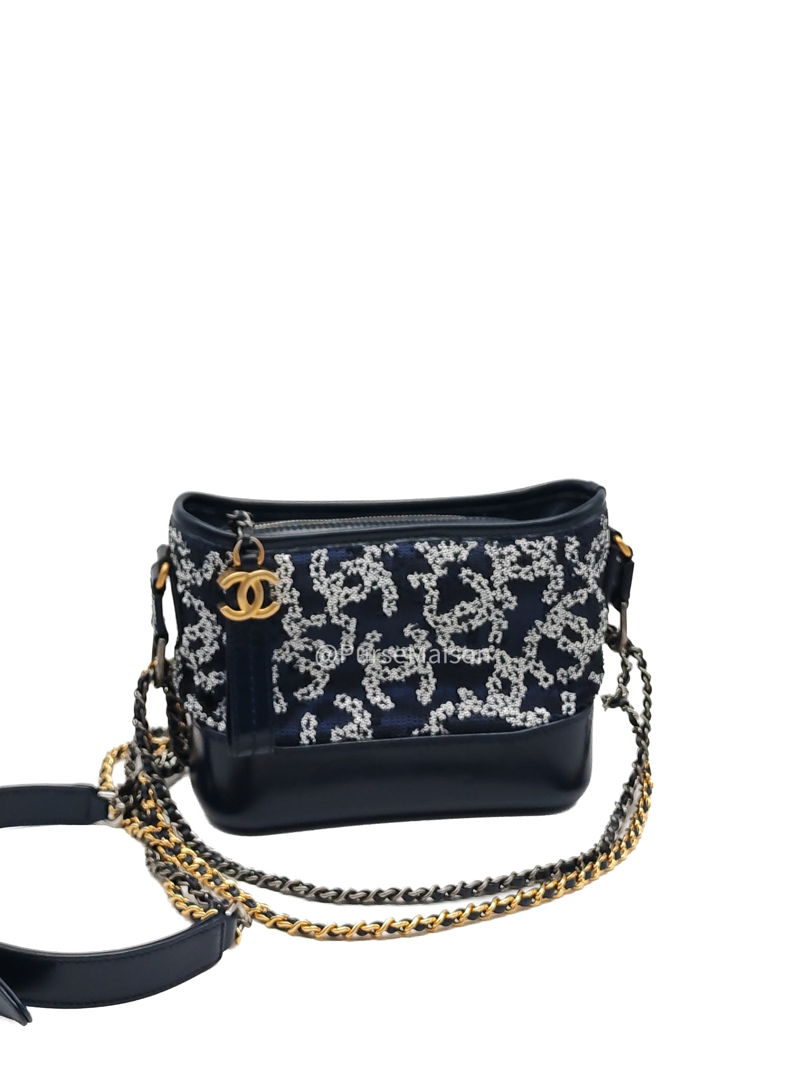 Chanel Gabrielle Hobo Bag Small in Sequin Logo Motif Navy Blue/White Mix Hardware (Series 27) | Purse Maison Luxury Bags Shop