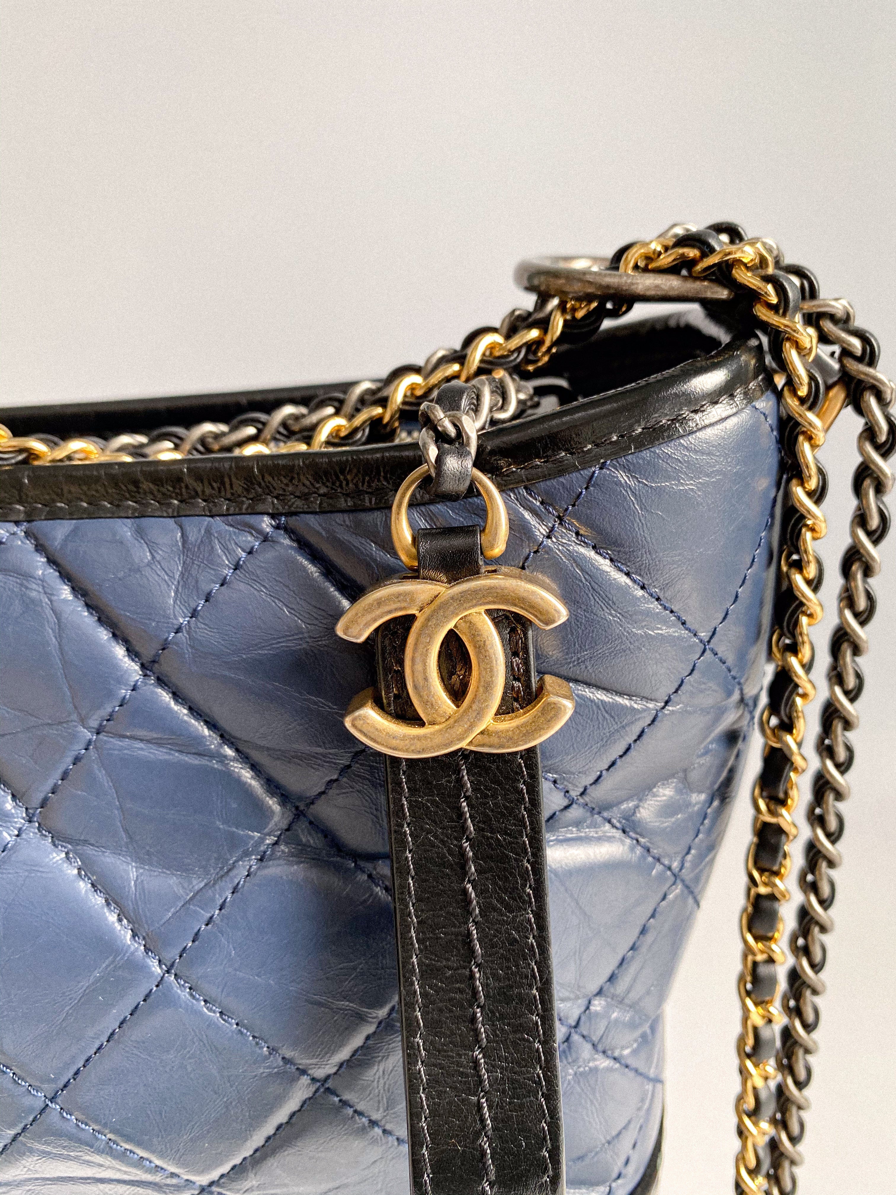 Chanel Gabrielle Medium Hobo Bag in Navy Blue Distressed Calfskin Leather & Mixed Hardware (Series 26)