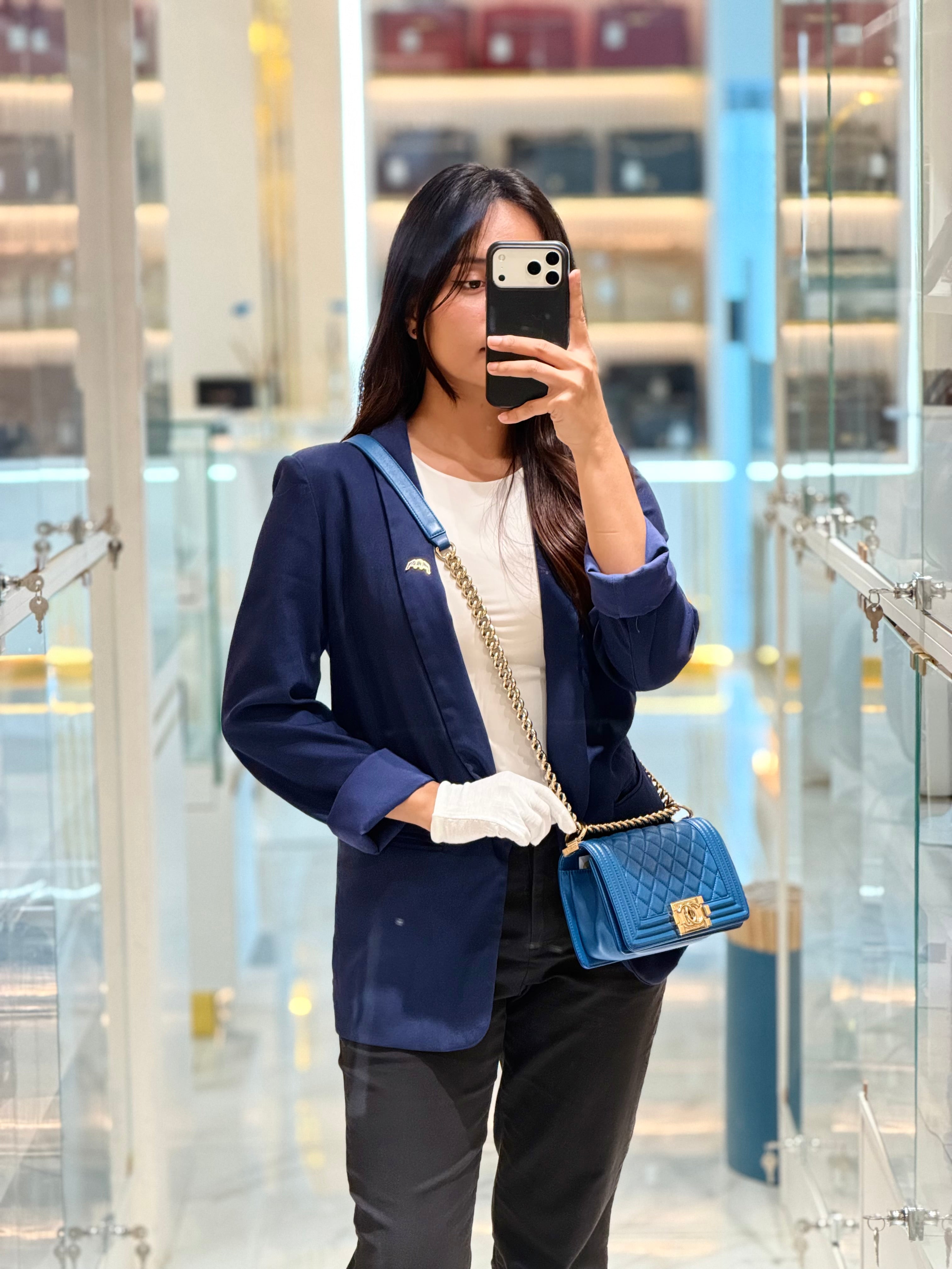Chanel Le Boy Flap Bag Small in Blue Calfskin Leather Light Gold Hardware (Series 24) | Purse Maison Luxury Bags Shop