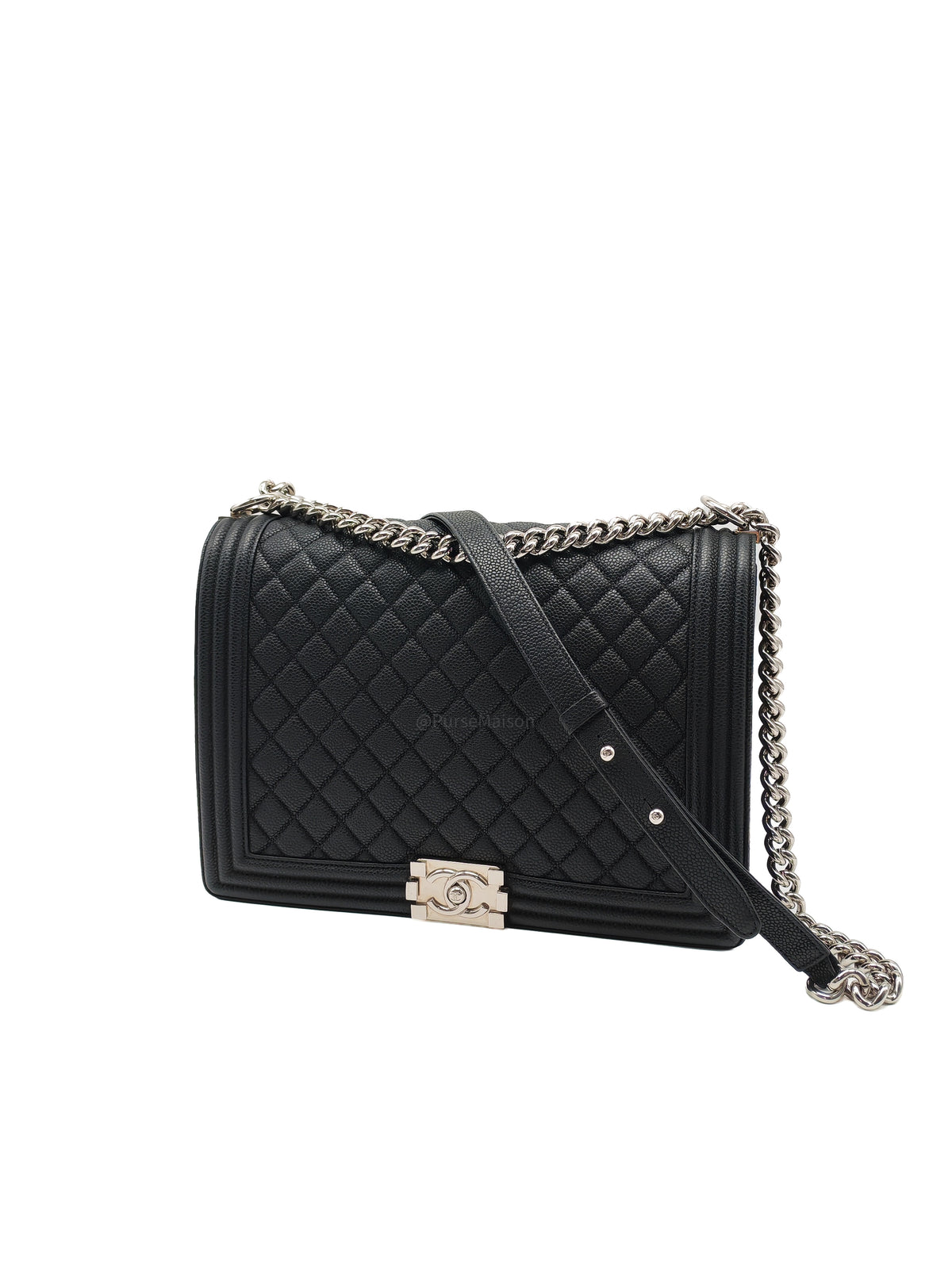 Chanel Le Boy Large in Black Quilted Caviar Leather and Silver Hardware Series 17 | Purse Maison Luxury Bags Shop