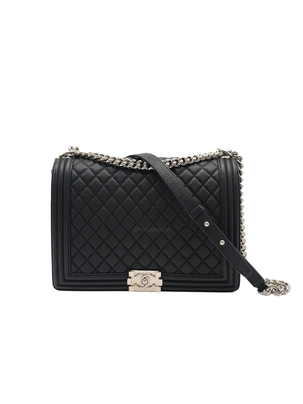Chanel Le Boy Large in Black Quilted Caviar Leather and Silver Hardware Series 17 | Purse Maison Luxury Bags Shop