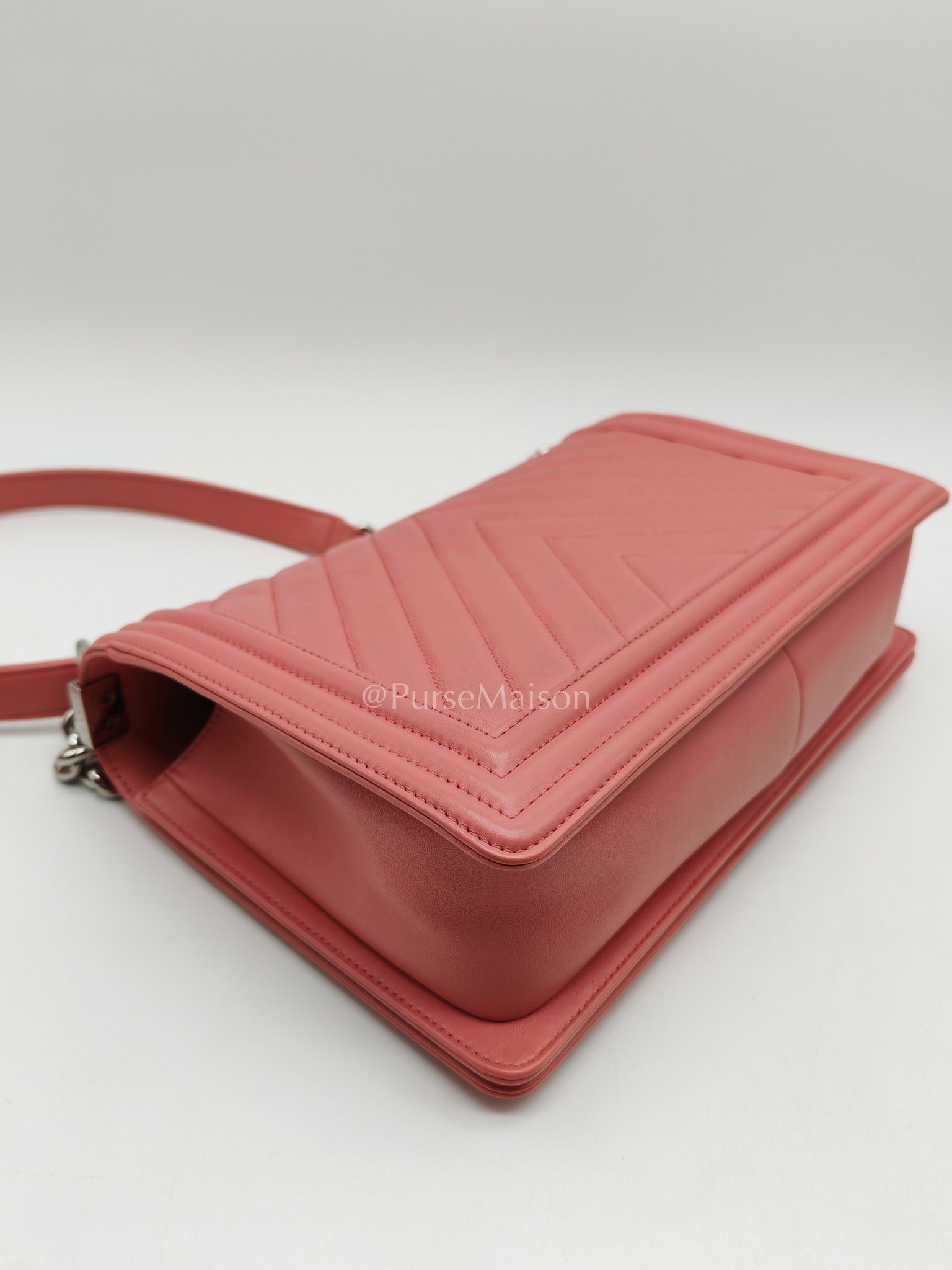 Chanel Le Boy New Medium in Pink Chevron Lambskin Leather and Silver Hardware Series 22 | Purse Maison Luxury Bags Shop