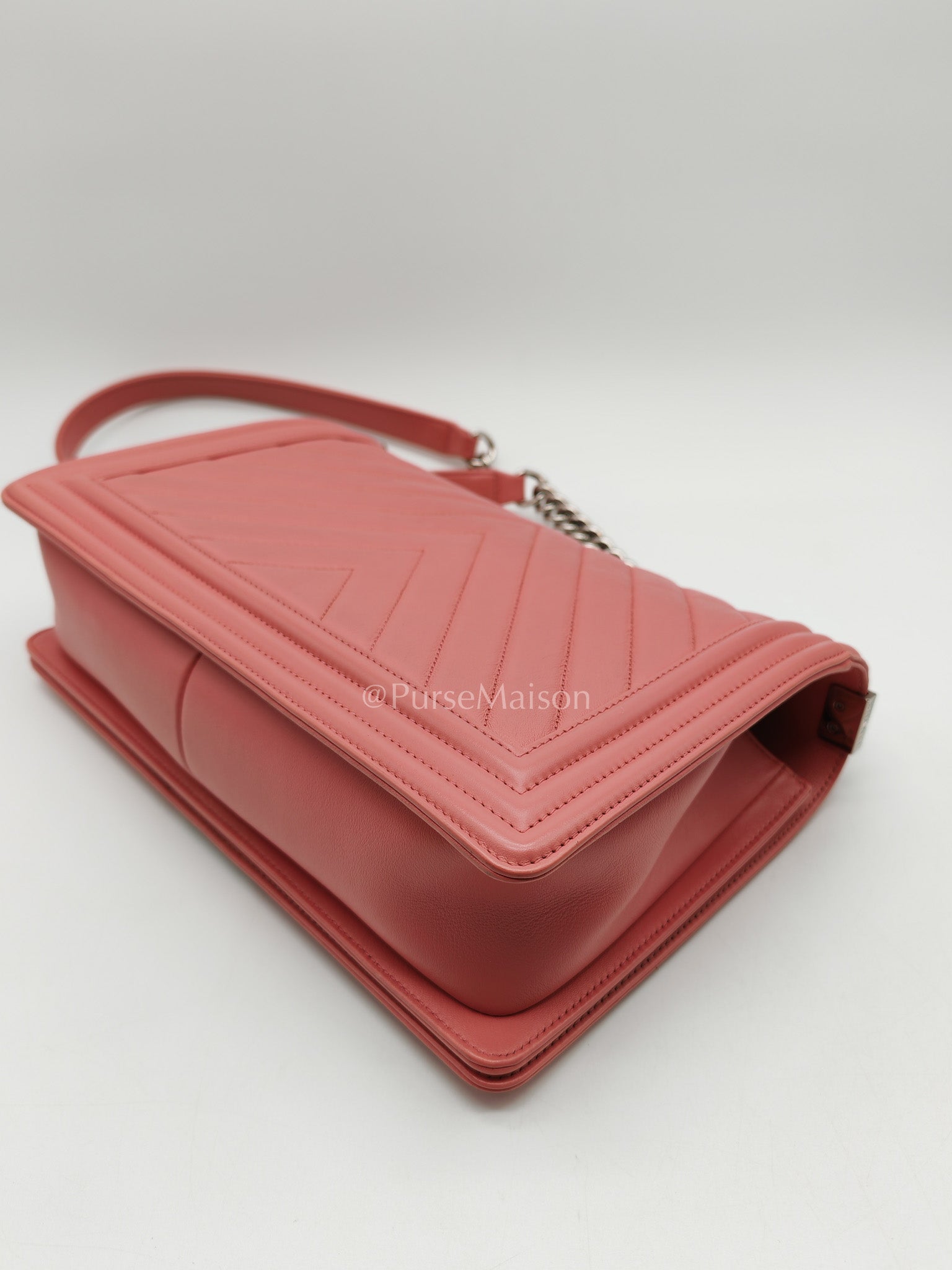 Chanel Le Boy New Medium in Pink Chevron Lambskin Leather and Silver Hardware Series 22 | Purse Maison Luxury Bags Shop