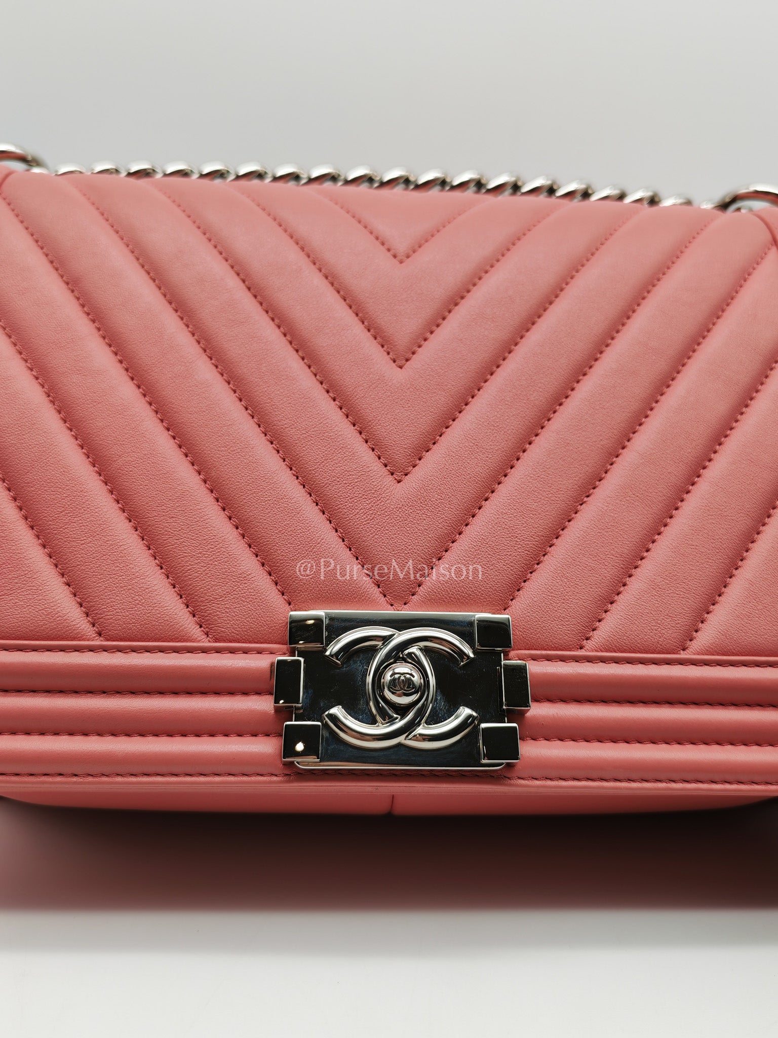 Chanel Le Boy New Medium in Pink Chevron Lambskin Leather and Silver Hardware Series 22 | Purse Maison Luxury Bags Shop