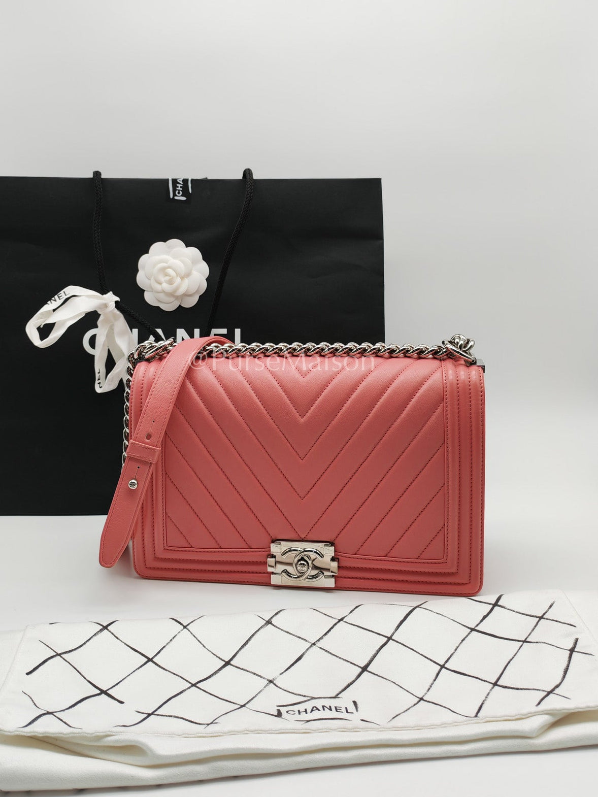 Chanel Le Boy New Medium in Pink Chevron Lambskin Leather and Silver Hardware Series 22 | Purse Maison Luxury Bags Shop