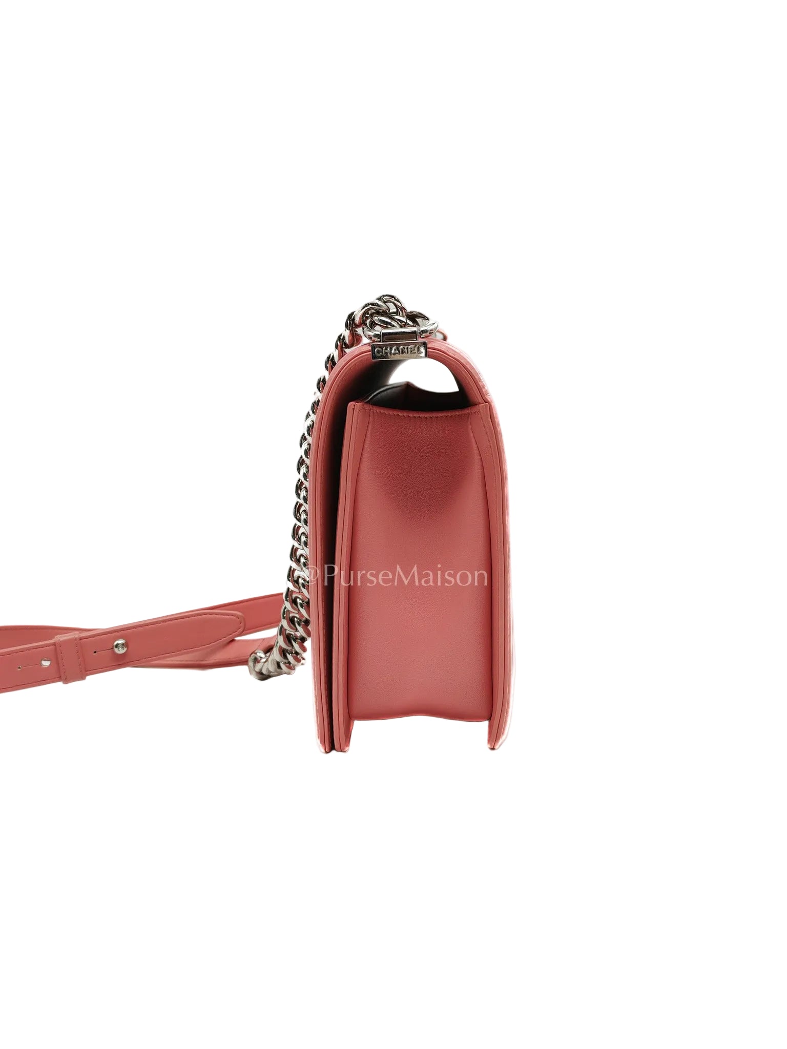 Chanel Le Boy New Medium in Pink Chevron Lambskin Leather and Silver Hardware Series 22 | Purse Maison Luxury Bags Shop