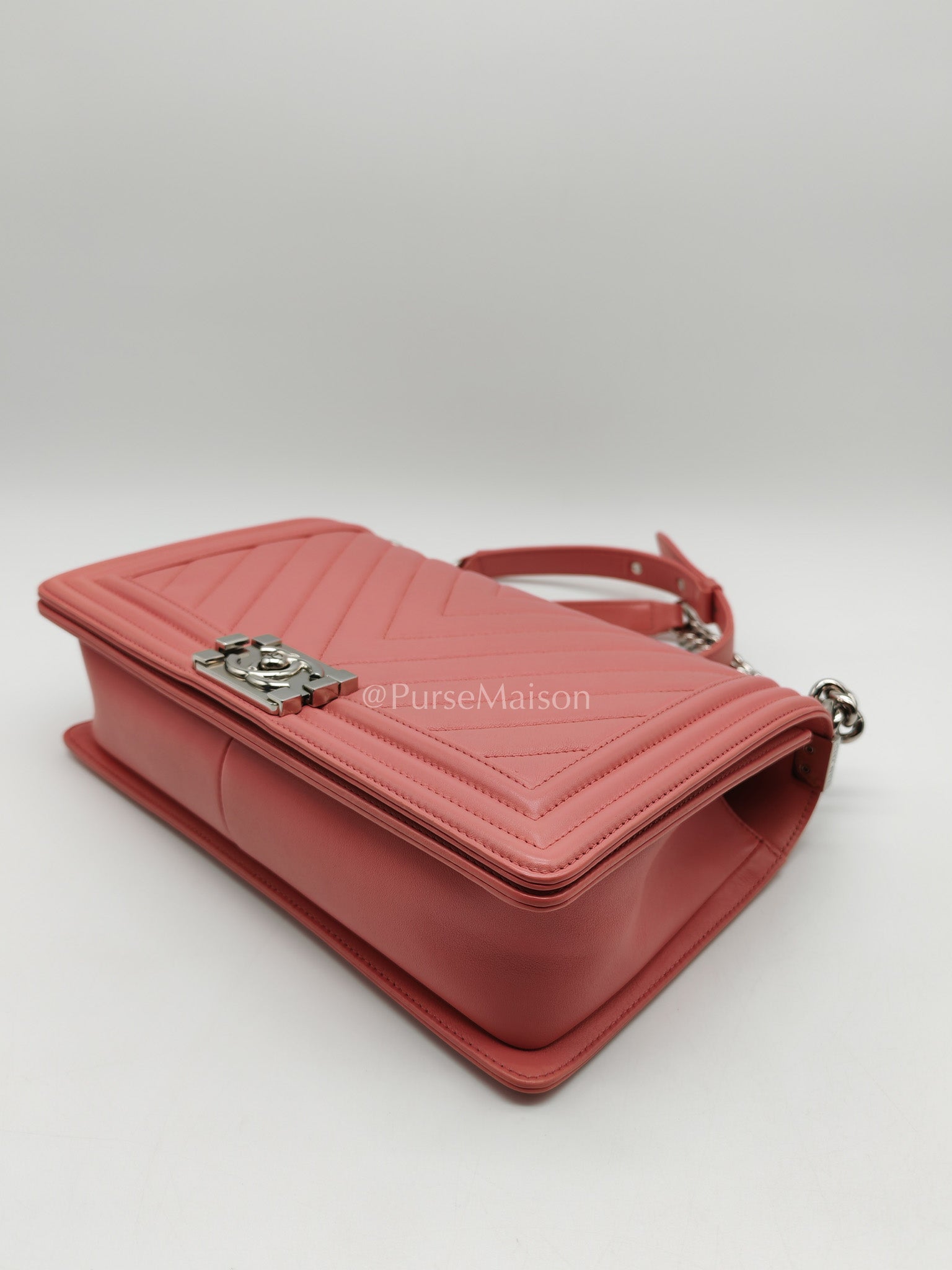 Chanel Le Boy New Medium in Pink Chevron Lambskin Leather and Silver Hardware Series 22 | Purse Maison Luxury Bags Shop
