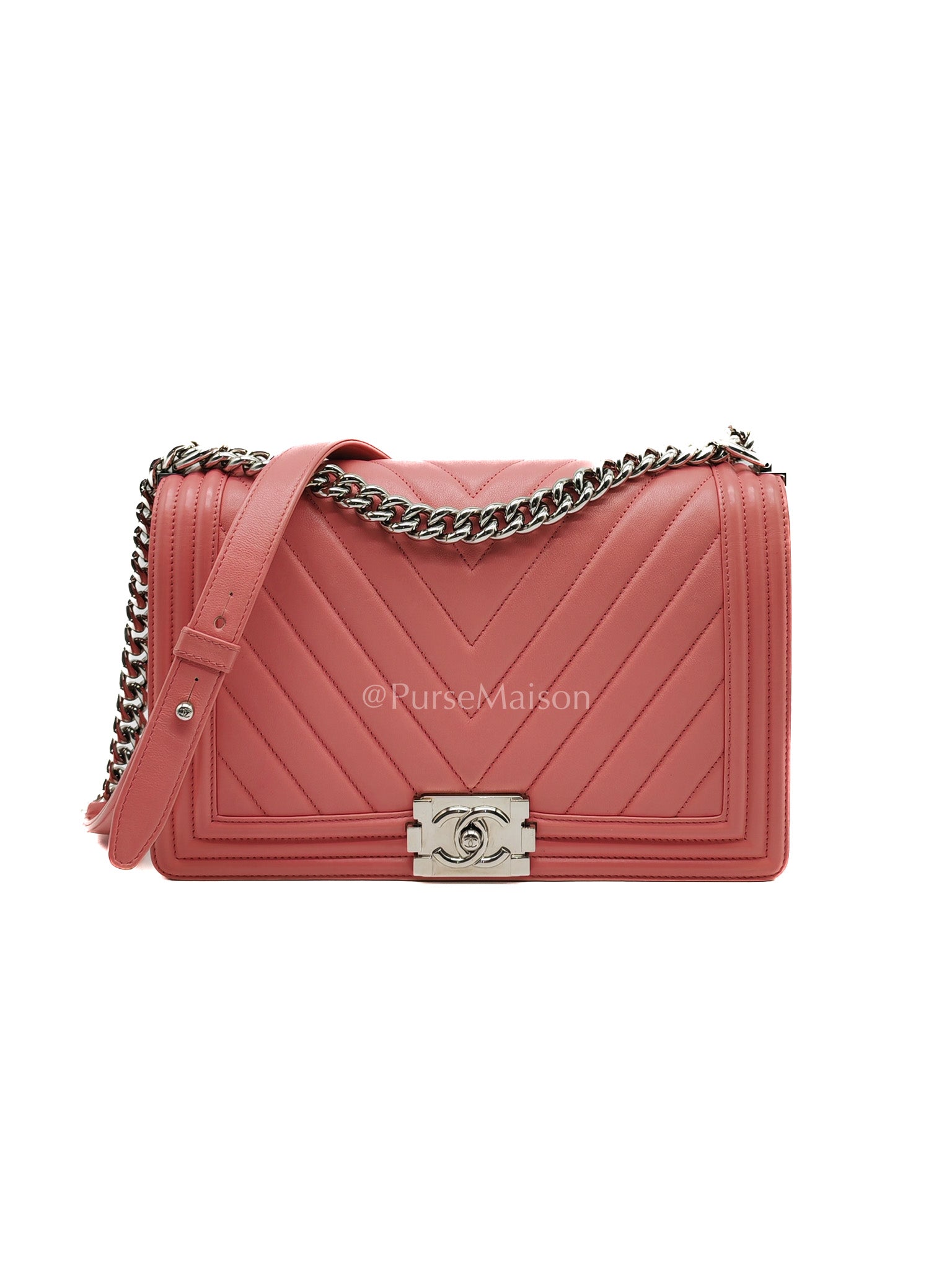 Chanel Le Boy New Medium in Pink Chevron Lambskin Leather and Silver Hardware Series 22 | Purse Maison Luxury Bags Shop