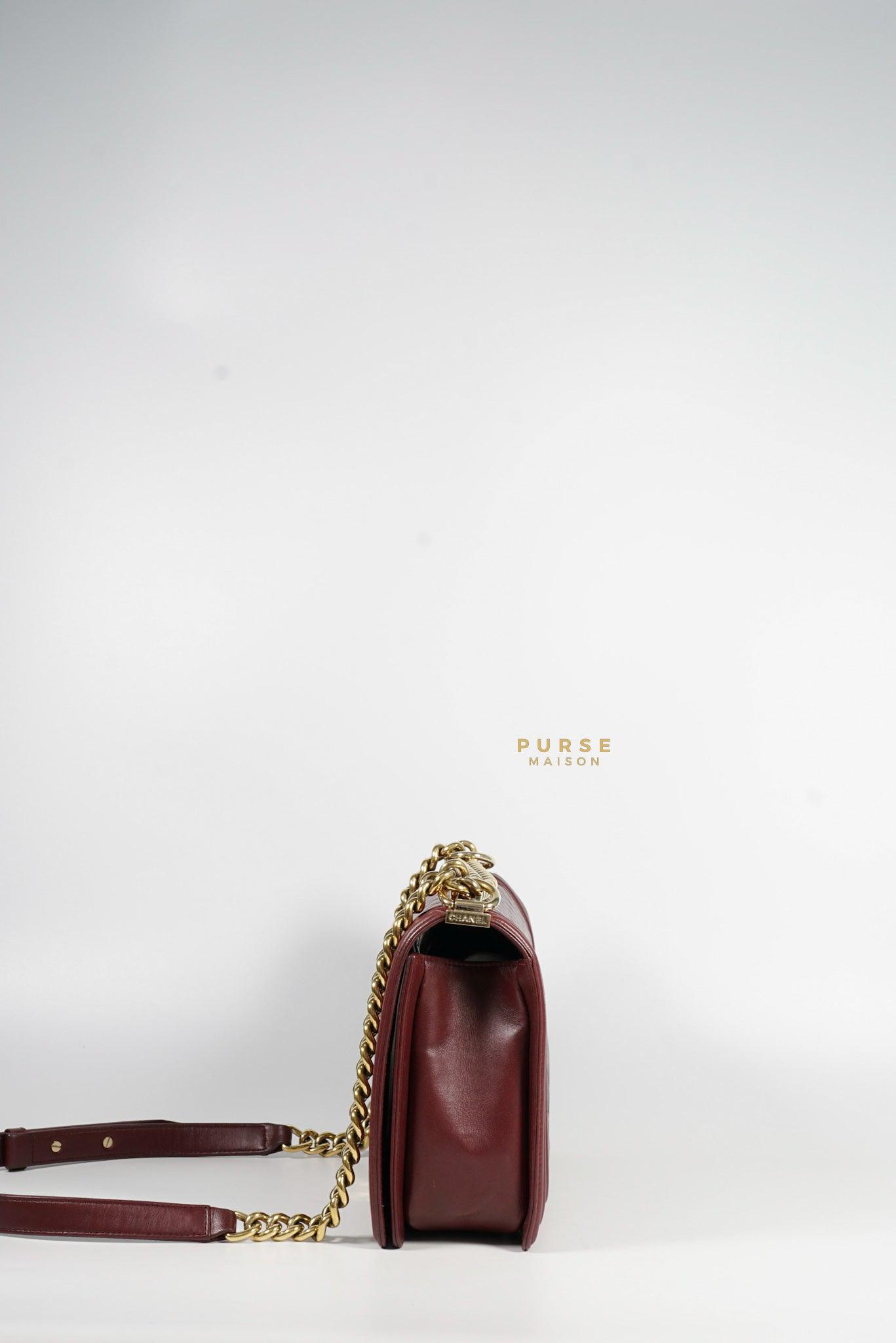 Chanel Le Boy New Medium Lambskin Burgundy Light Gold Hardware Series 22