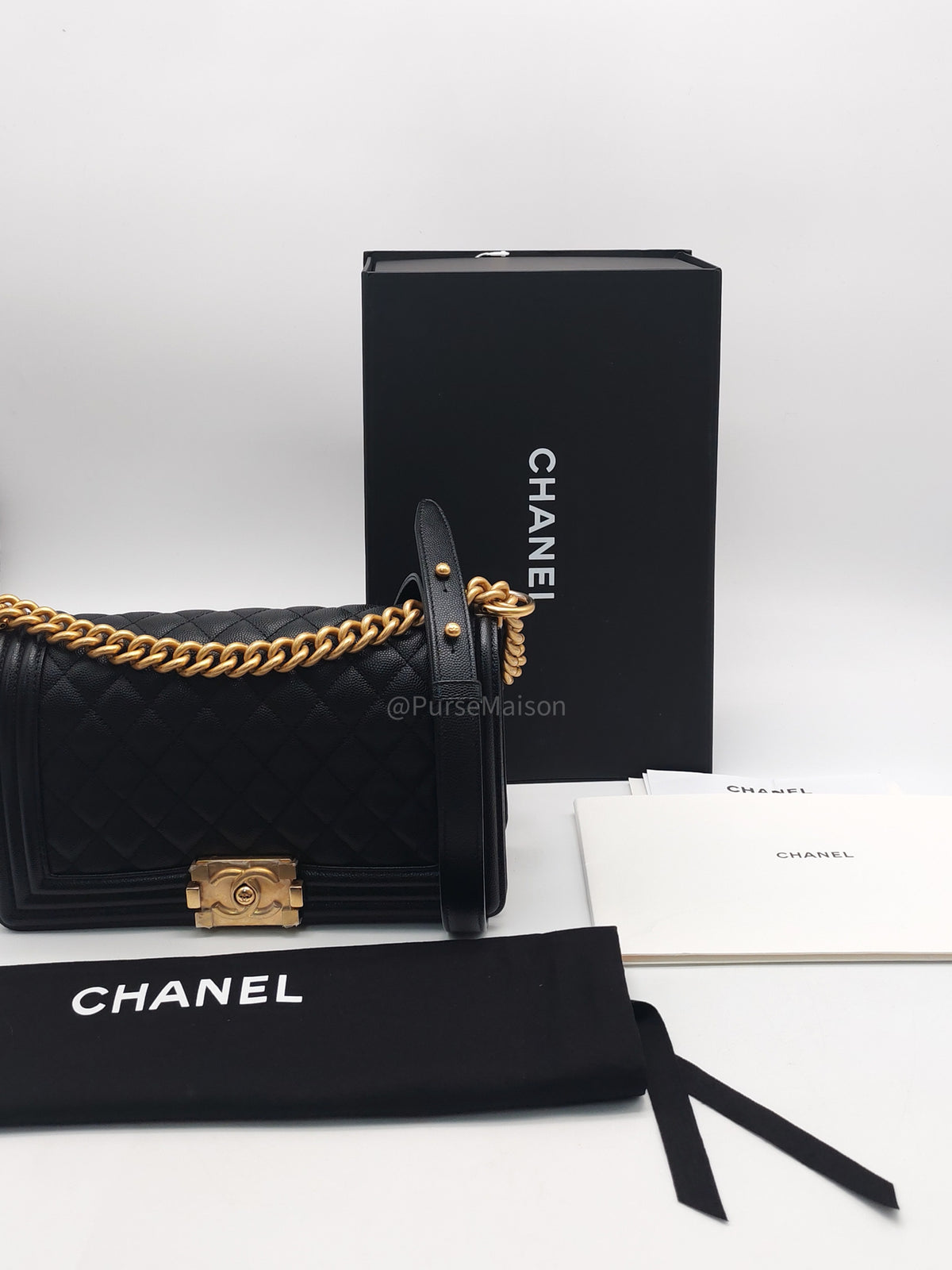 Chanel Le Boy Old Medium in Black Caviar Leather Aged Gold Hardware Microchip (AN****TG) | Purse Maison Luxury Bags Shop