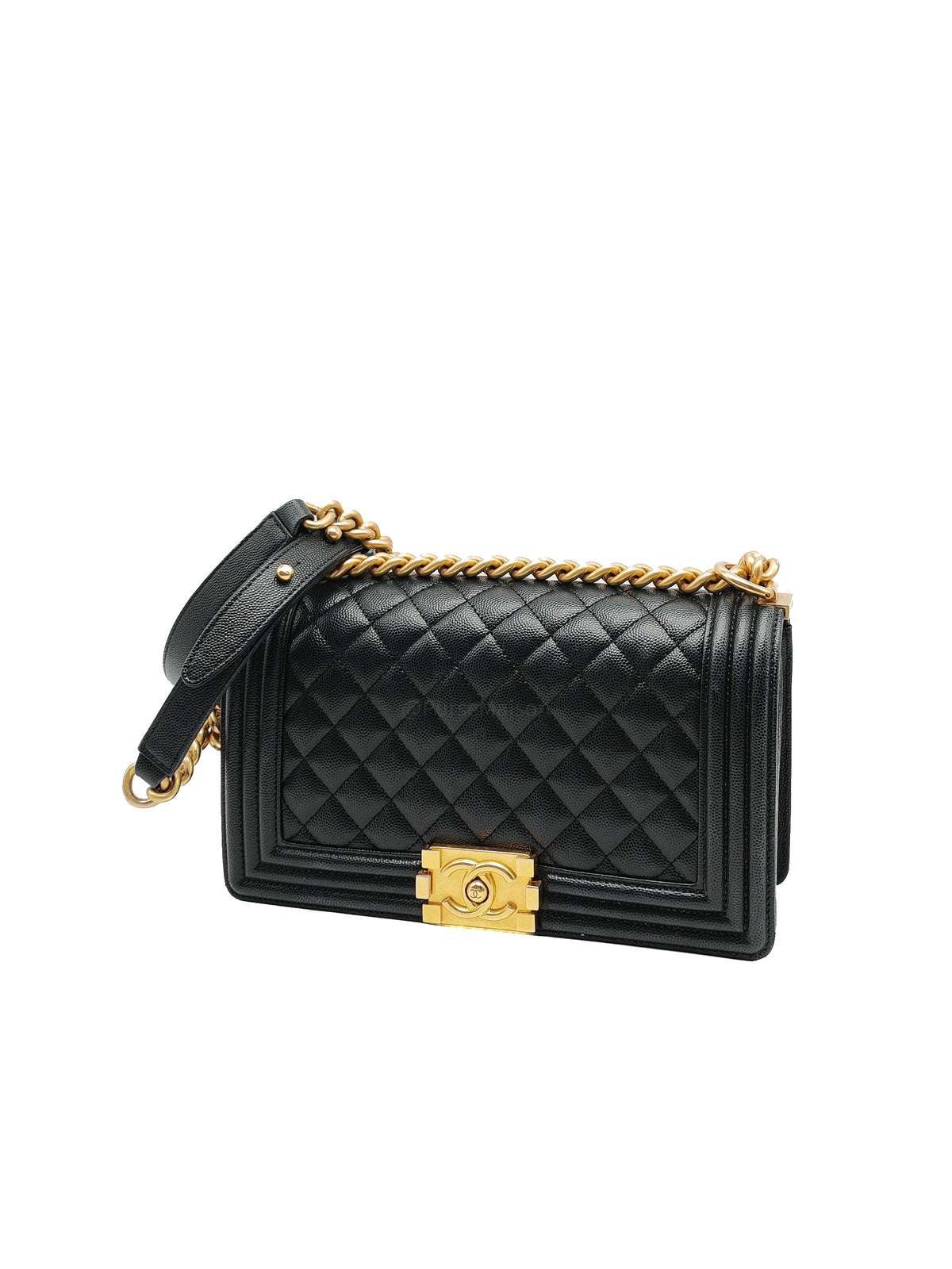 Chanel Le Boy Old Medium in Black Caviar Leather Aged Gold Hardware (Microchip) | Purse Maison Luxury Bags Shop