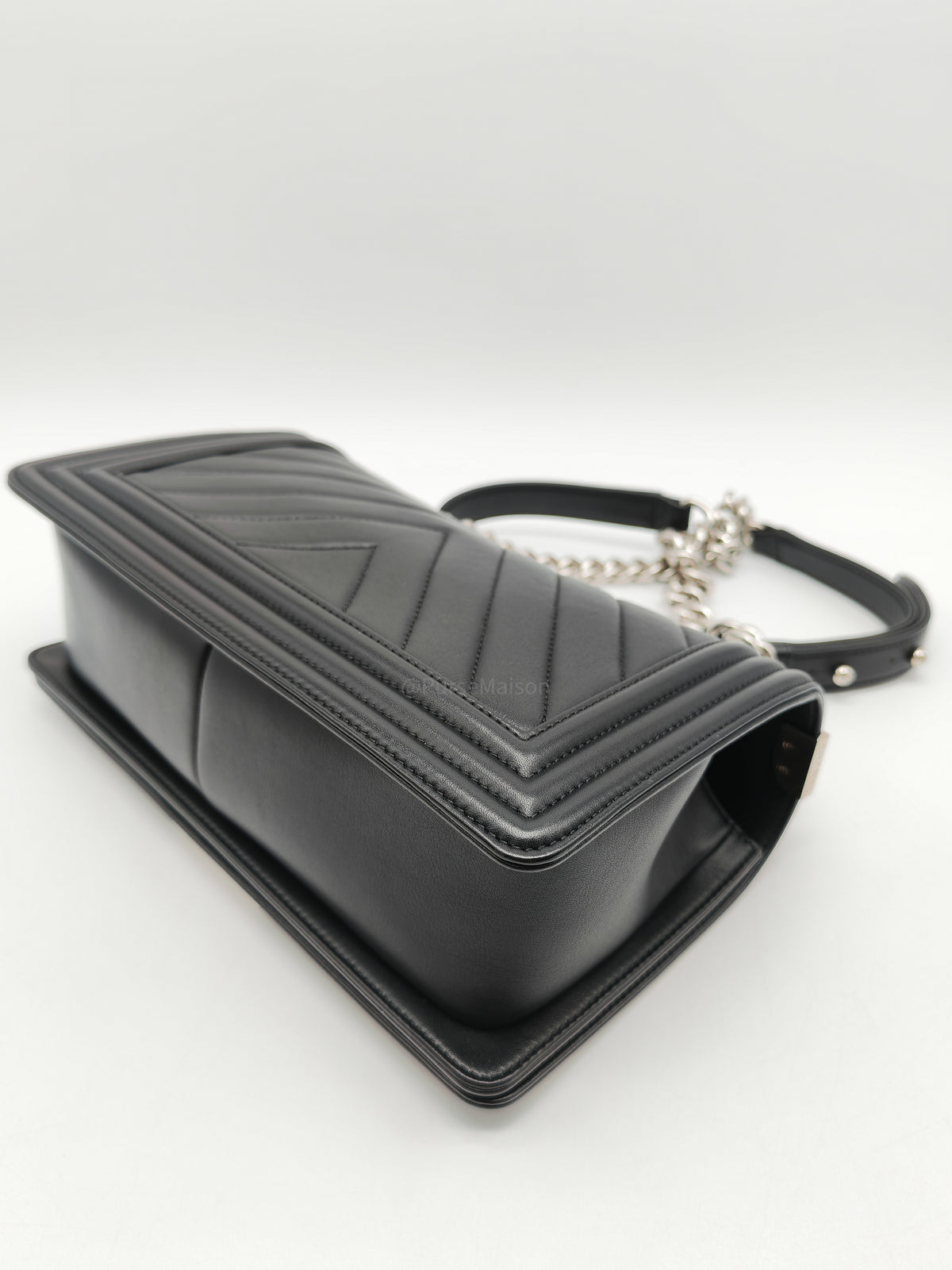Chanel Le Boy Old Medium in Black Chevron Quilted Calfskin Leather Silver Hardware (Series 22) | Purse Maison Luxury Bags Shop