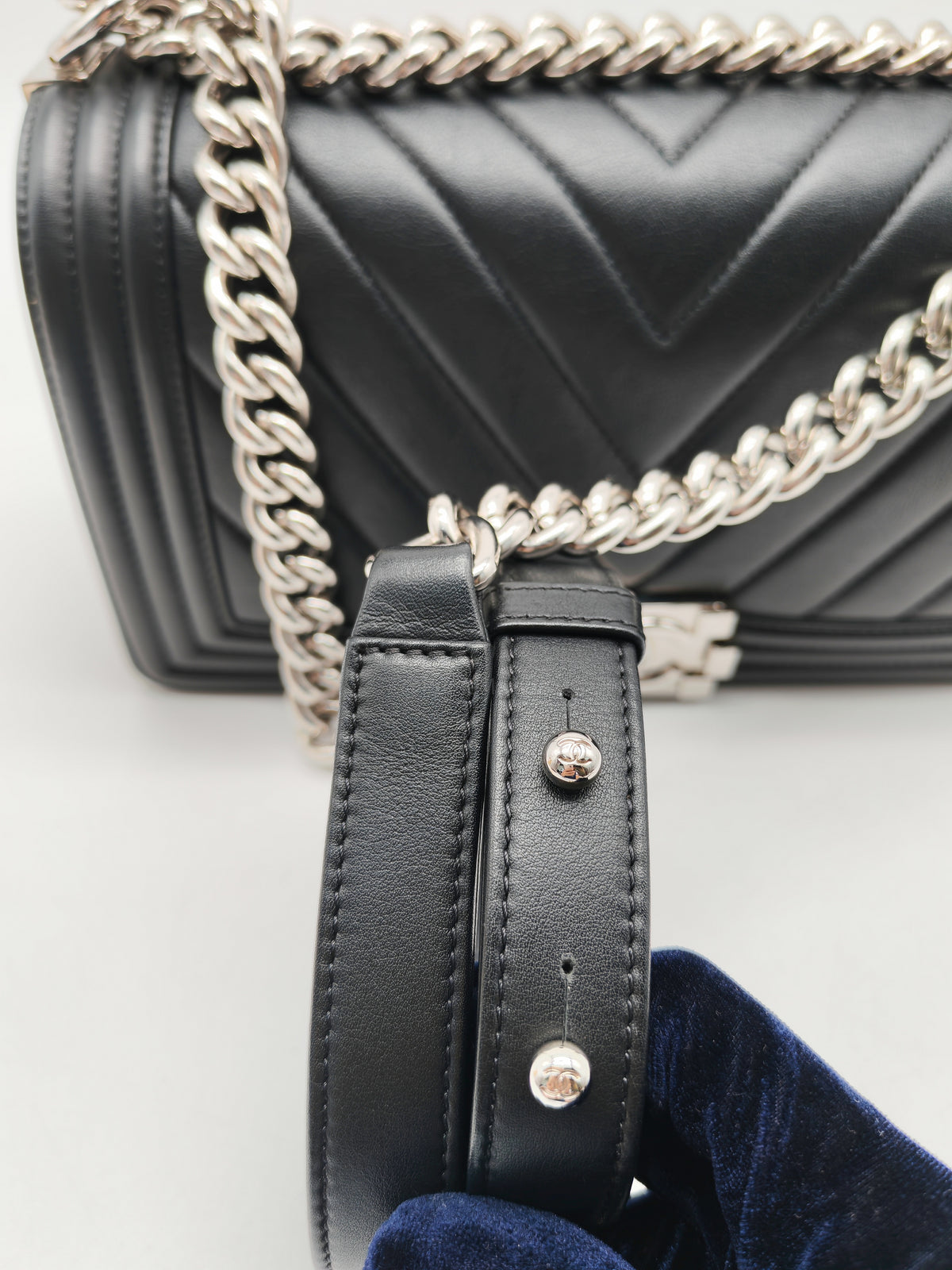 Chanel Le Boy Old Medium in Black Chevron Quilted Calfskin Leather Silver Hardware (Series 22) | Purse Maison Luxury Bags Shop