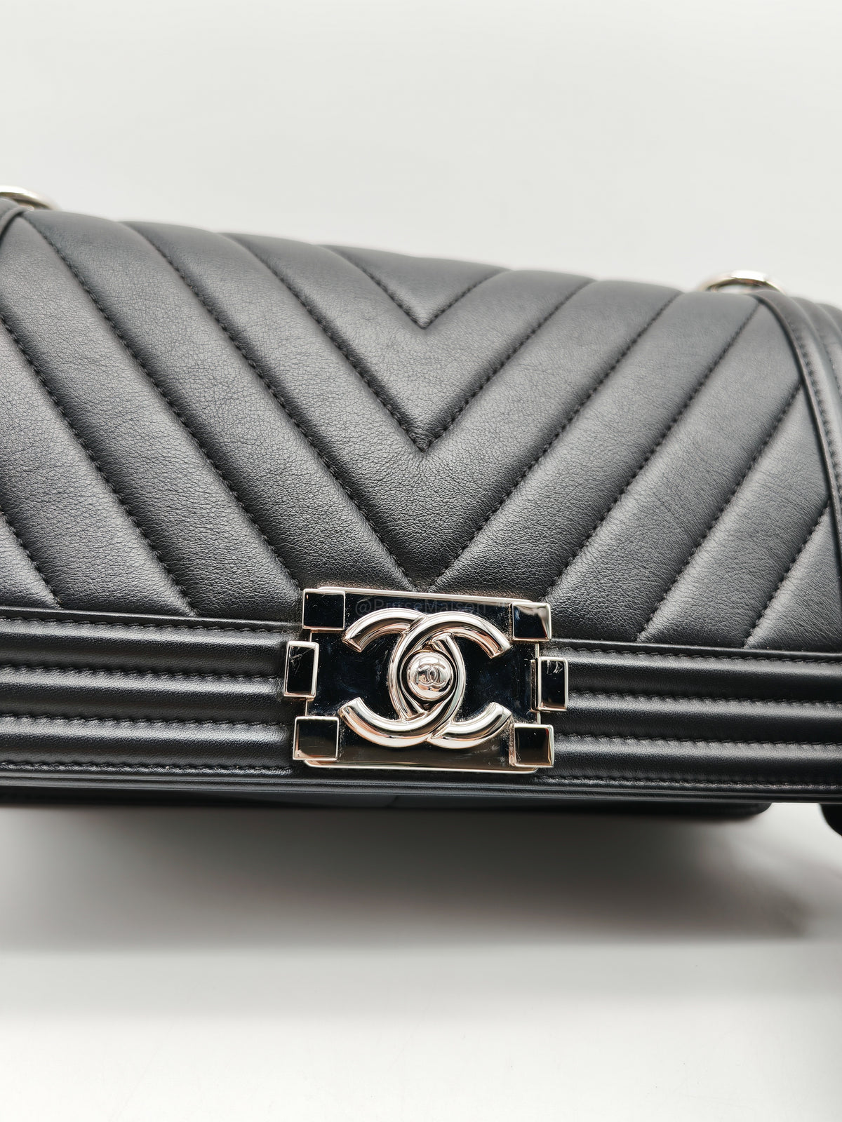 Chanel Le Boy Old Medium in Black Chevron Quilted Calfskin Leather Silver Hardware (Series 22) | Purse Maison Luxury Bags Shop