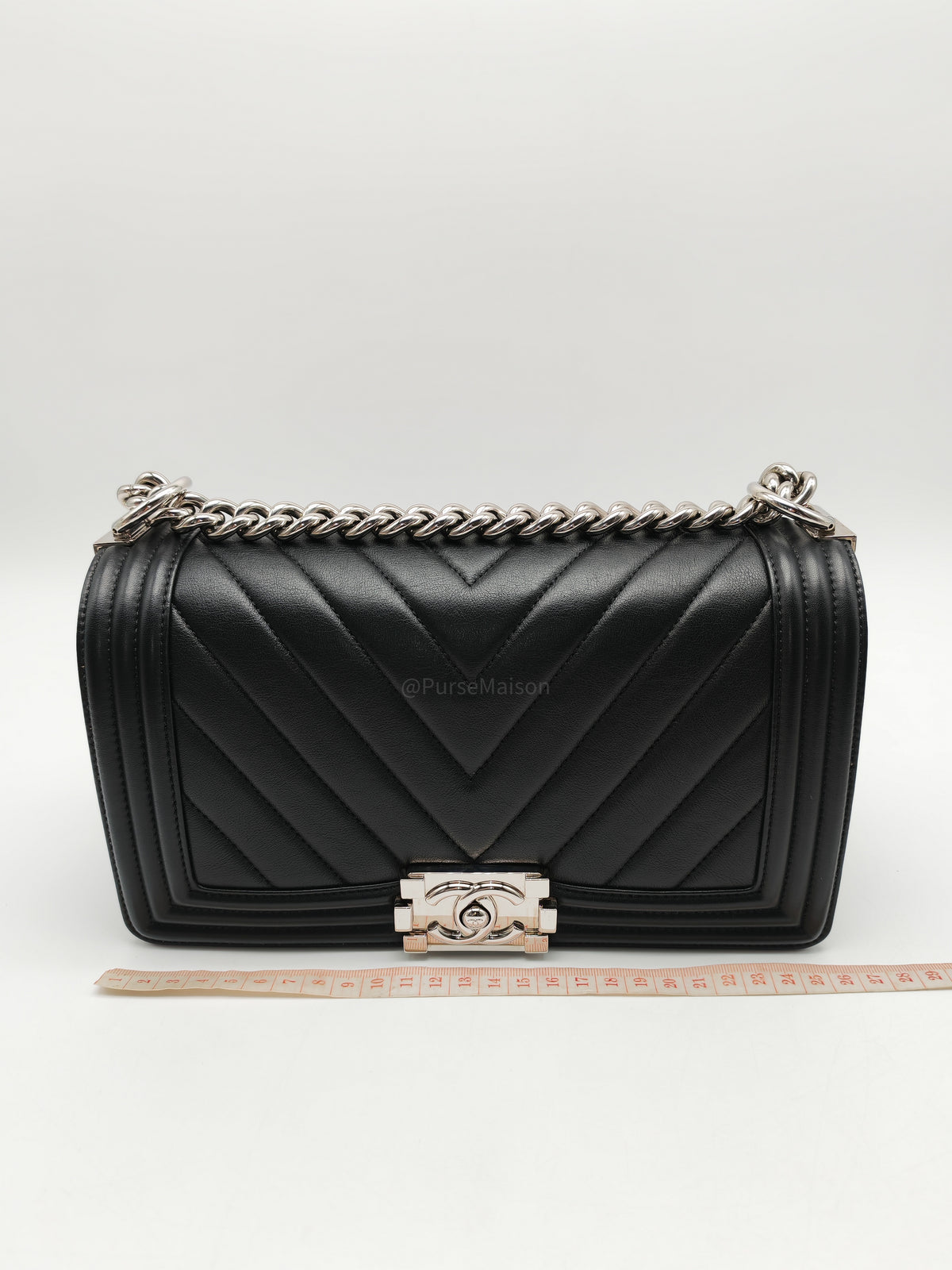 Chanel Le Boy Old Medium in Black Chevron Quilted Calfskin Leather Silver Hardware (Series 22) | Purse Maison Luxury Bags Shop