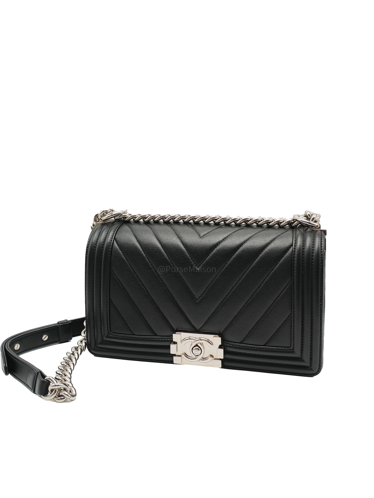 Chanel Le Boy Old Medium in Black Chevron Quilted Calfskin Leather Silver Hardware (Series 22) | Purse Maison Luxury Bags Shop