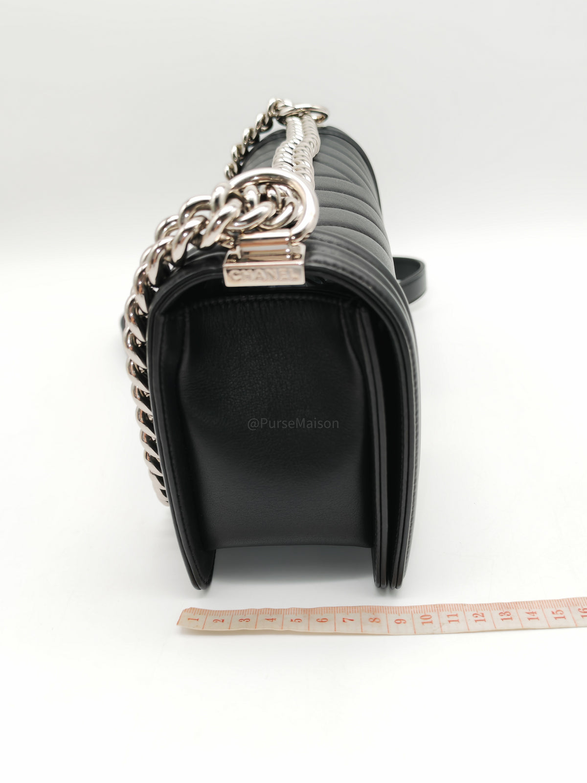 Chanel Le Boy Old Medium in Black Chevron Quilted Calfskin Leather Silver Hardware (Series 22) | Purse Maison Luxury Bags Shop