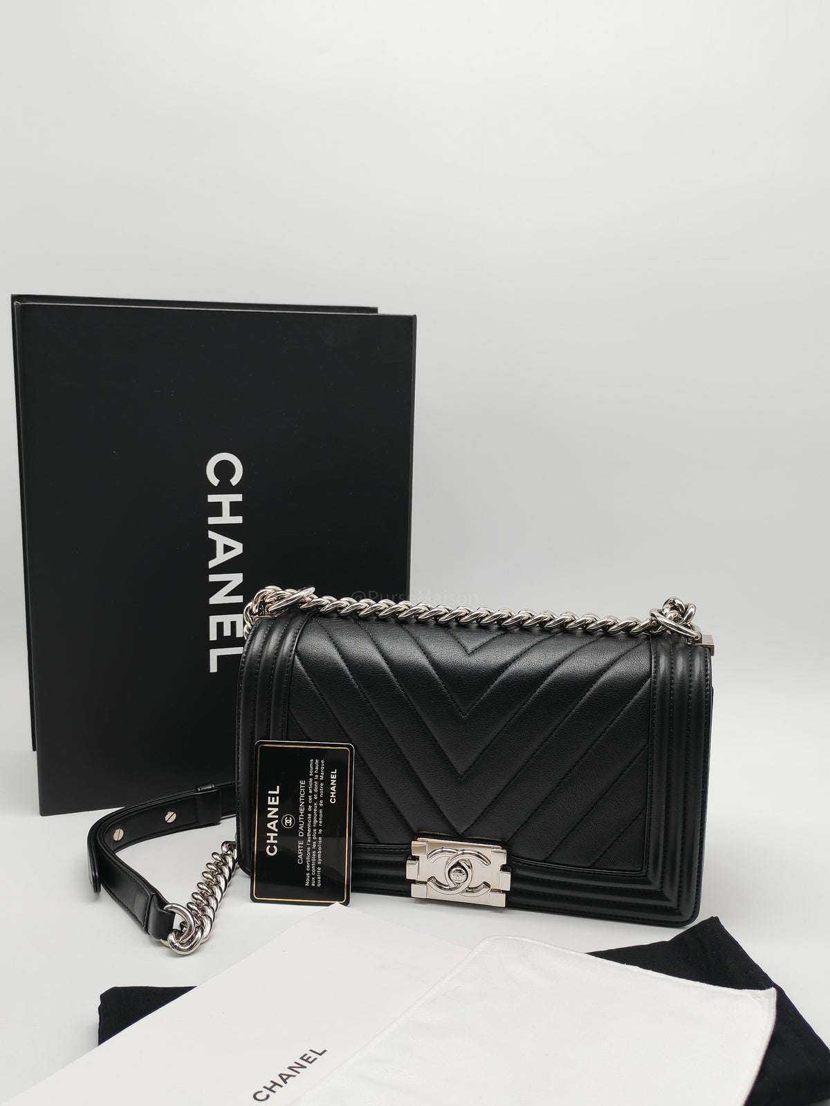 Chanel Le Boy Old Medium in Black Chevron Quilted Calfskin Leather Silver Hardware (Series 22) | Purse Maison Luxury Bags Shop