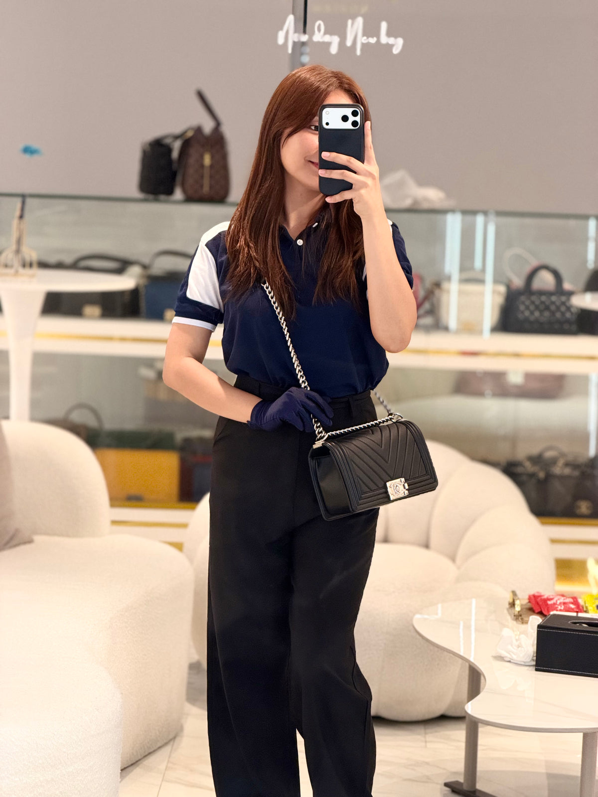 Chanel Le Boy Old Medium in Black Chevron Quilted Calfskin Leather Silver Hardware (Series 22) | Purse Maison Luxury Bags Shop
