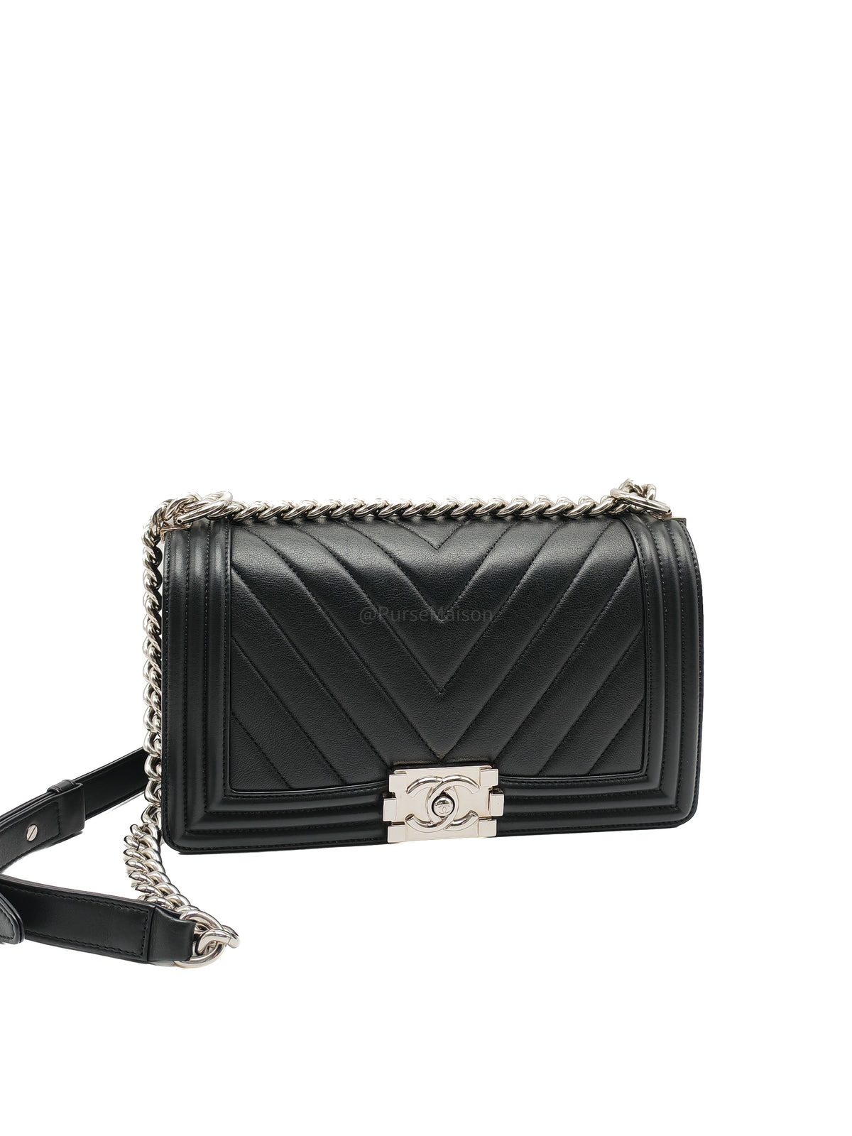 Chanel Le Boy Old Medium in Black Chevron Quilted Calfskin Leather Silver Hardware (Series 22) | Purse Maison Luxury Bags Shop