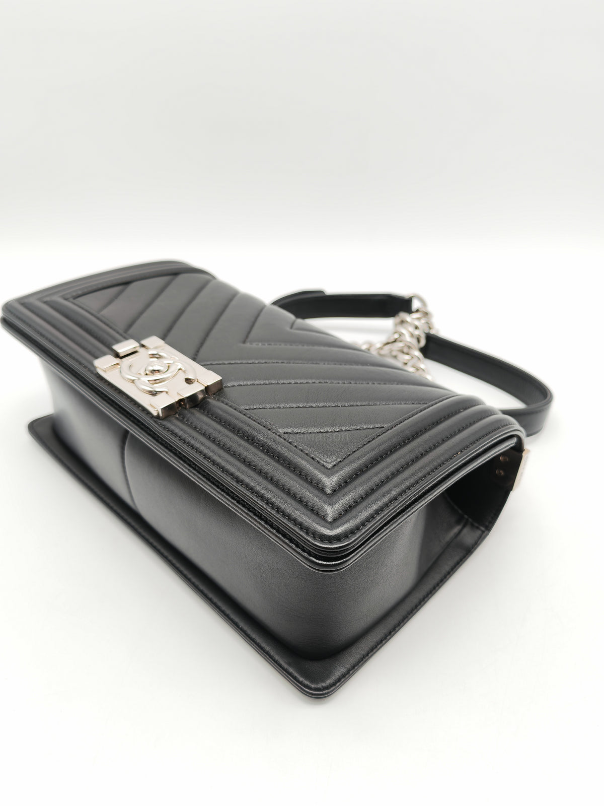 Chanel Le Boy Old Medium in Black Chevron Quilted Calfskin Leather Silver Hardware (Series 22) | Purse Maison Luxury Bags Shop