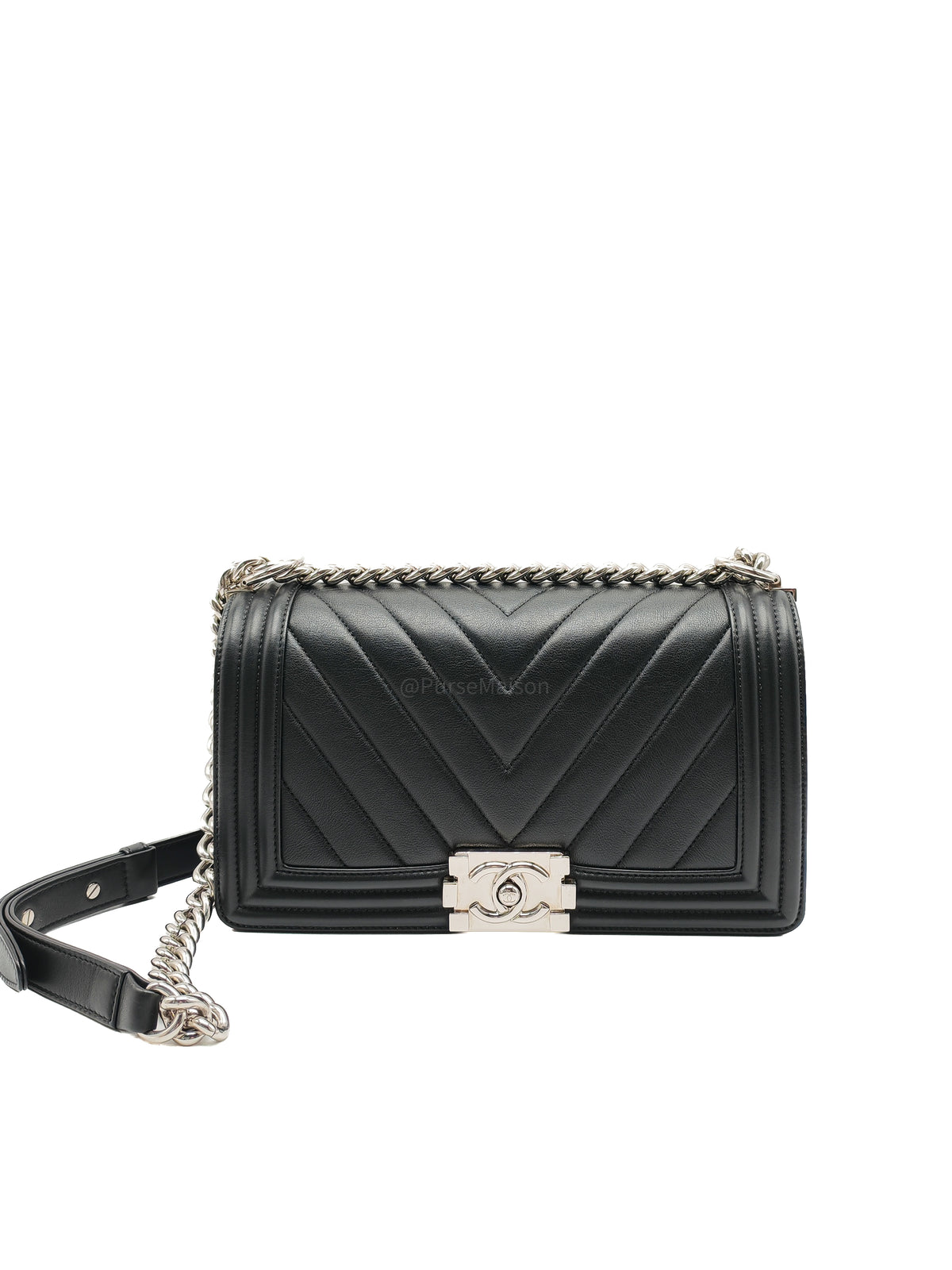 Chanel Le Boy Old Medium in Black Chevron Quilted Calfskin Leather Silver Hardware (Series 22) | Purse Maison Luxury Bags Shop
