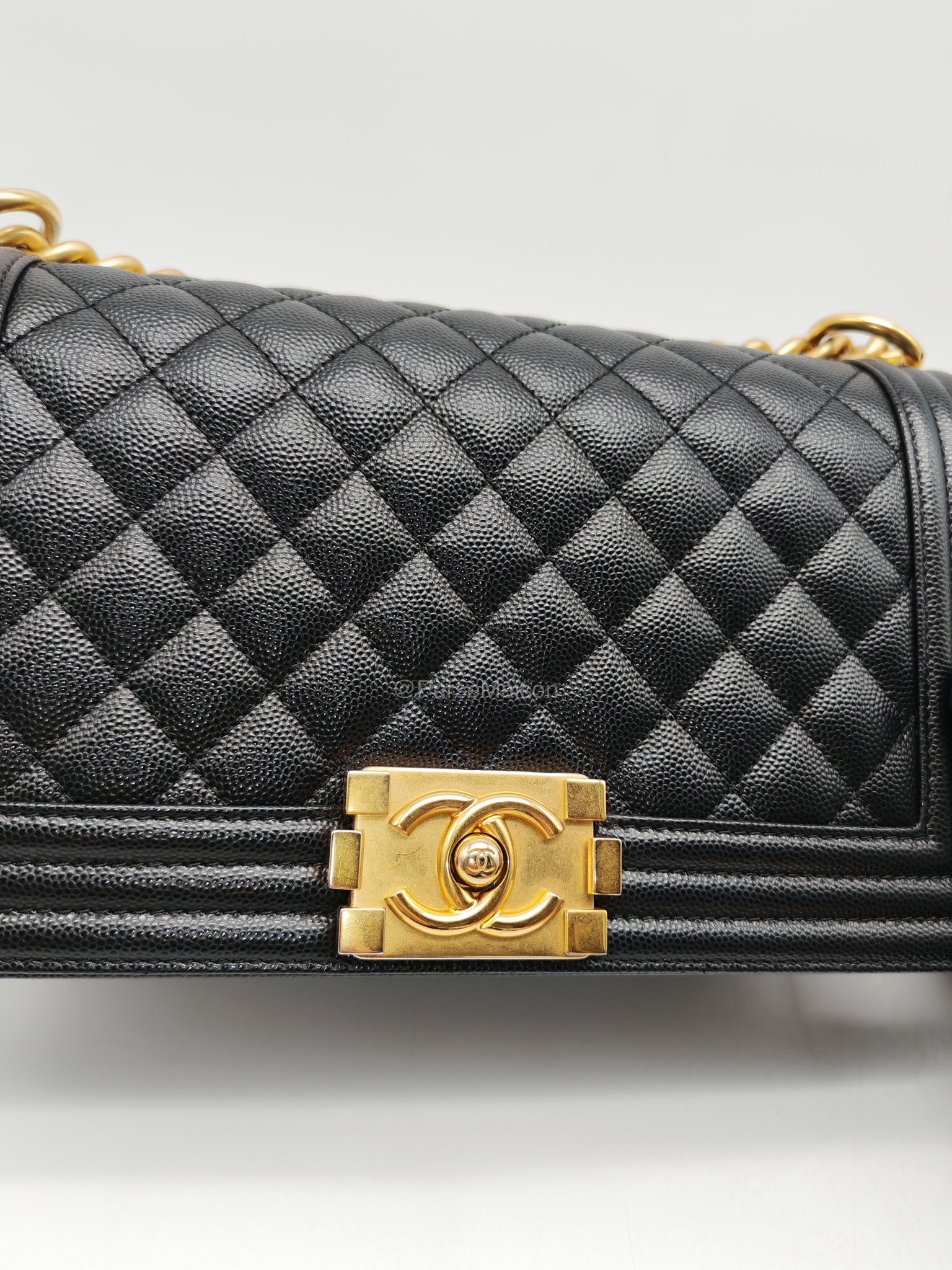 Chanel Le Boy Old Medium in Black Quilted Caviar Leather and Aged Gold Hardware Microchip | Purse Maison Luxury Bags Shop