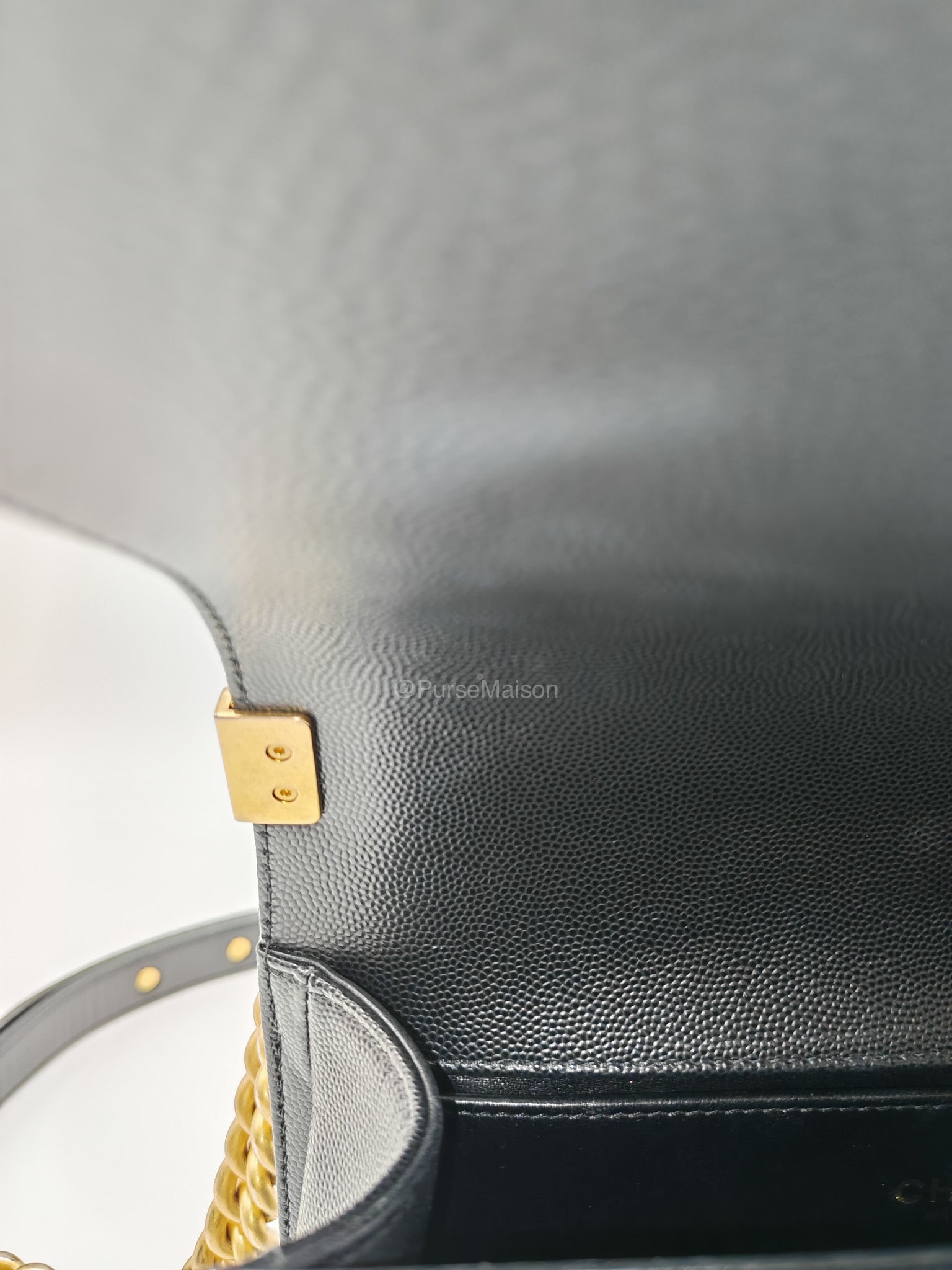 Chanel Le Boy Old Medium in Black Quilted Caviar Leather and Aged Gold Hardware Microchip | Purse Maison Luxury Bags Shop