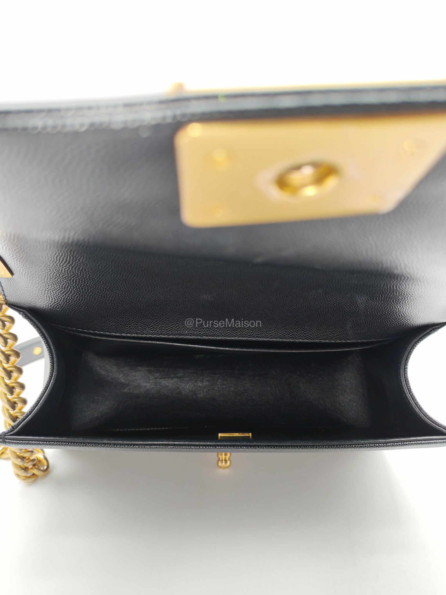 Chanel Le Boy Old Medium in Black Quilted Caviar Leather and Aged Gold Hardware Microchip | Purse Maison Luxury Bags Shop