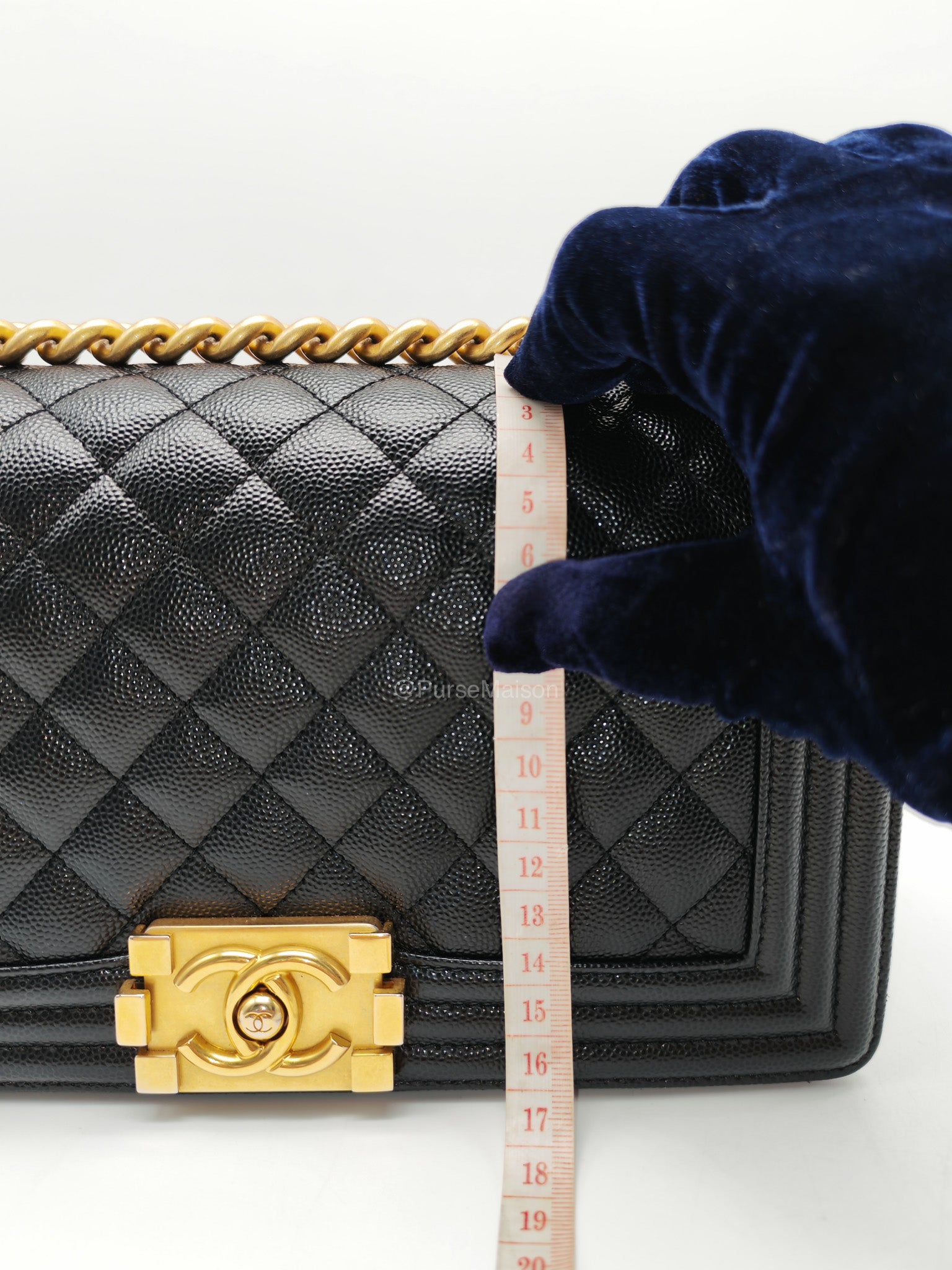 Chanel Le Boy Old Medium in Black Quilted Caviar Leather and Aged Gold Hardware Microchip | Purse Maison Luxury Bags Shop