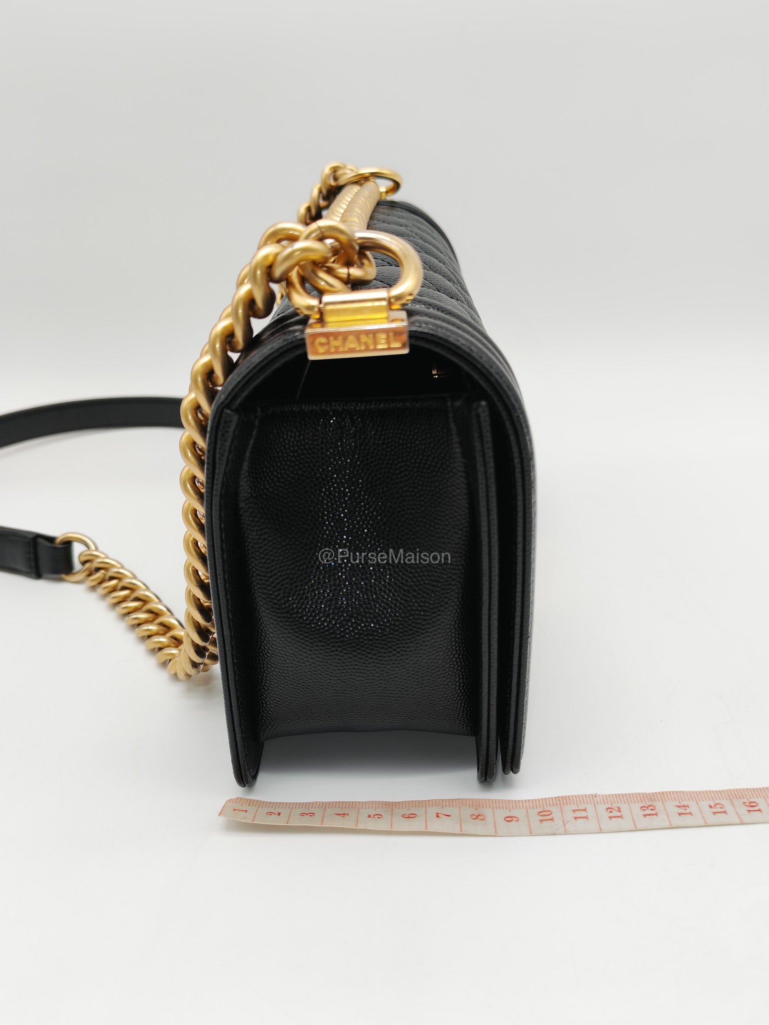 Chanel Le Boy Old Medium in Black Quilted Caviar Leather and Aged Gold Hardware Microchip | Purse Maison Luxury Bags Shop