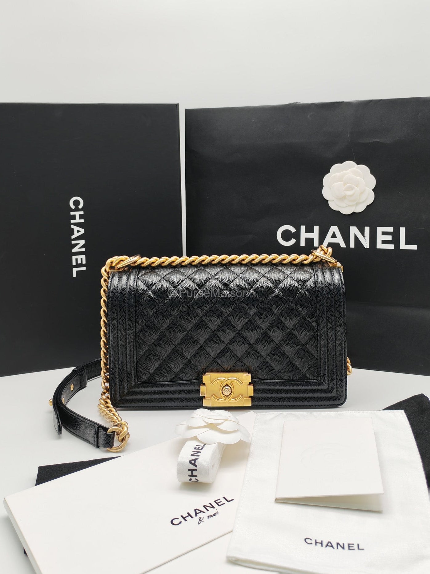 Chanel Le Boy Old Medium in Black Quilted Caviar Leather and Aged Gold Hardware Microchip | Purse Maison Luxury Bags Shop
