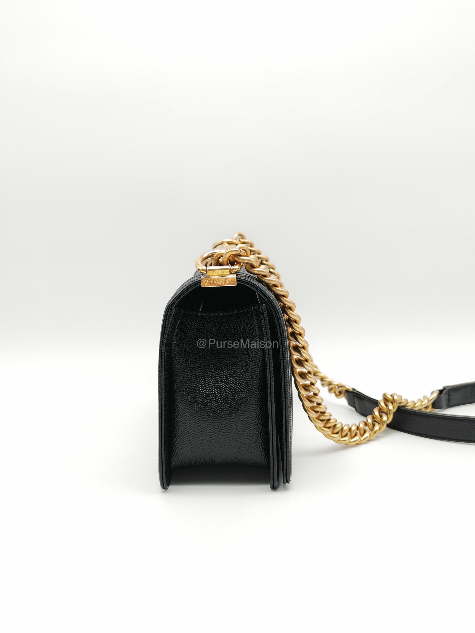 Chanel Le Boy Old Medium in Black Quilted Caviar Leather and Aged Gold Hardware Microchip | Purse Maison Luxury Bags Shop