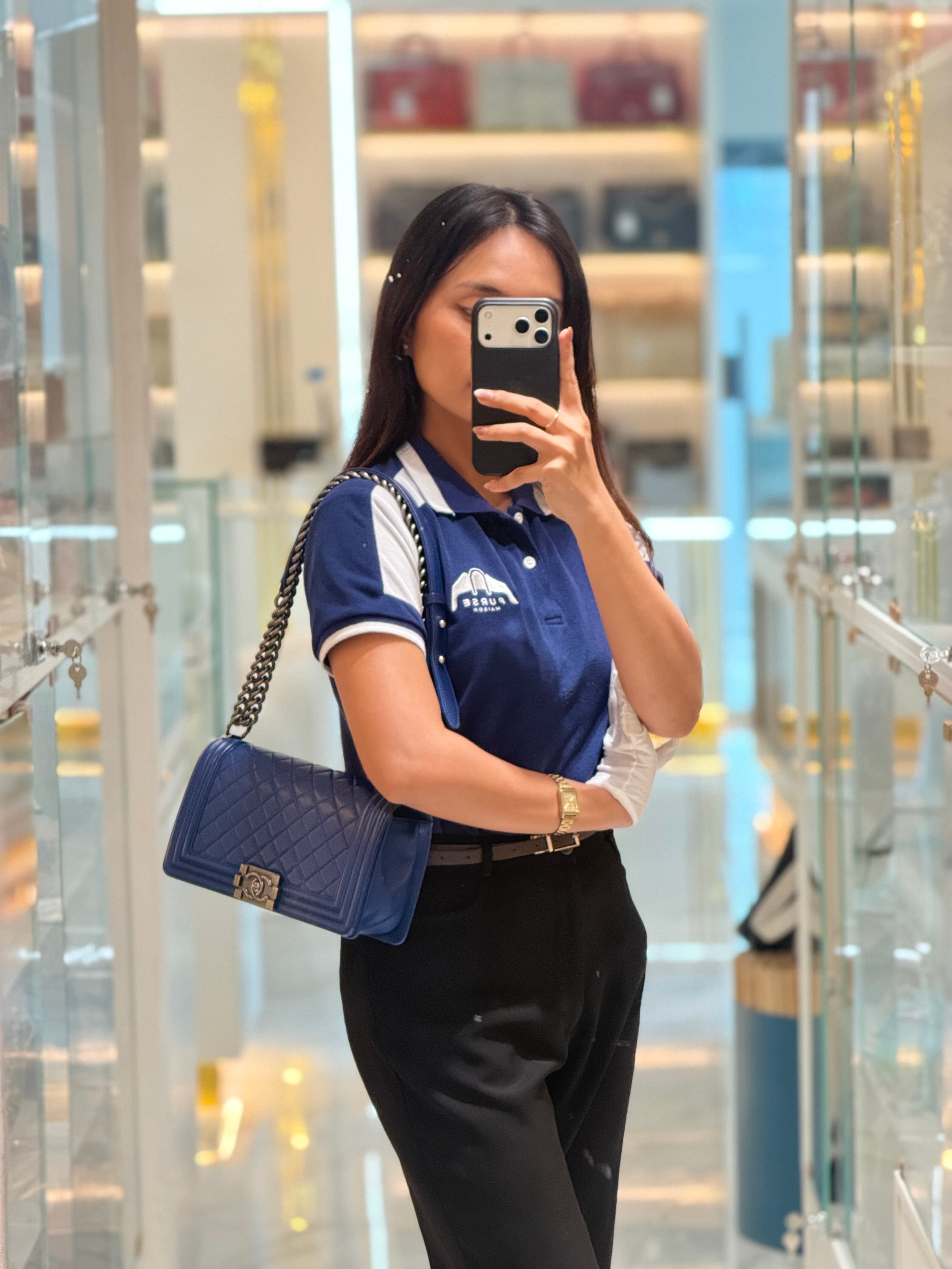 Chanel Le Boy Old Medium in Blue Quilted Lambskin Leather & Ruthenium Hardware Series 23 | Purse Maison Luxury Bags Shop