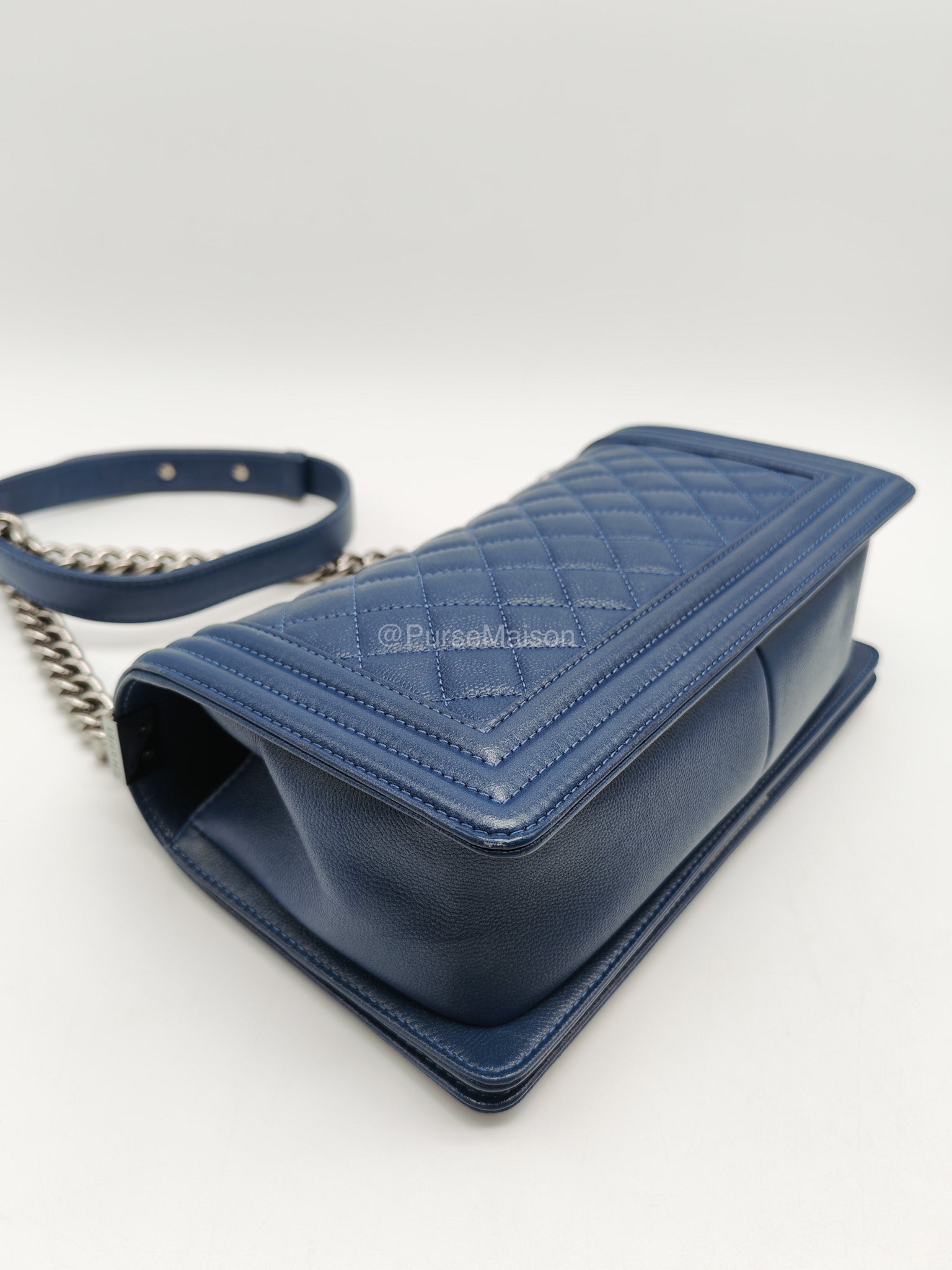 Chanel Le Boy Old Medium in Dark Blue Caviar Leather Silver Hardware (Series 24) | Purse Maison Luxury Bags Shop