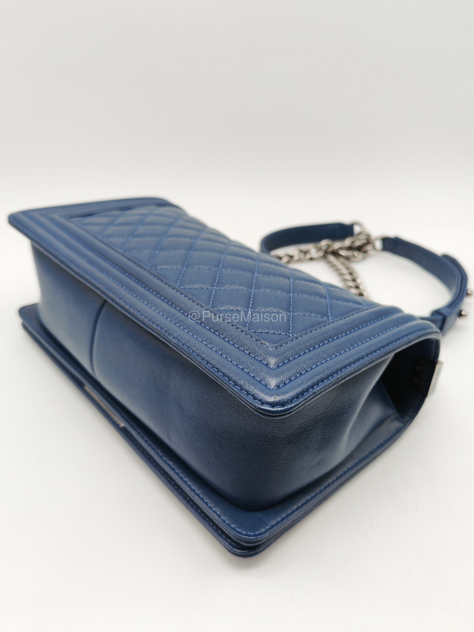 Chanel Le Boy Old Medium in Dark Blue Caviar Leather Silver Hardware (Series 24) | Purse Maison Luxury Bags Shop
