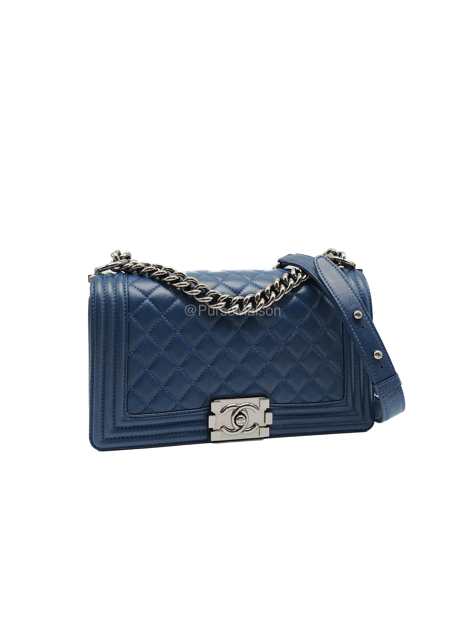 Chanel Le Boy Old Medium in Dark Blue Caviar Leather Silver Hardware (Series 24) | Purse Maison Luxury Bags Shop
