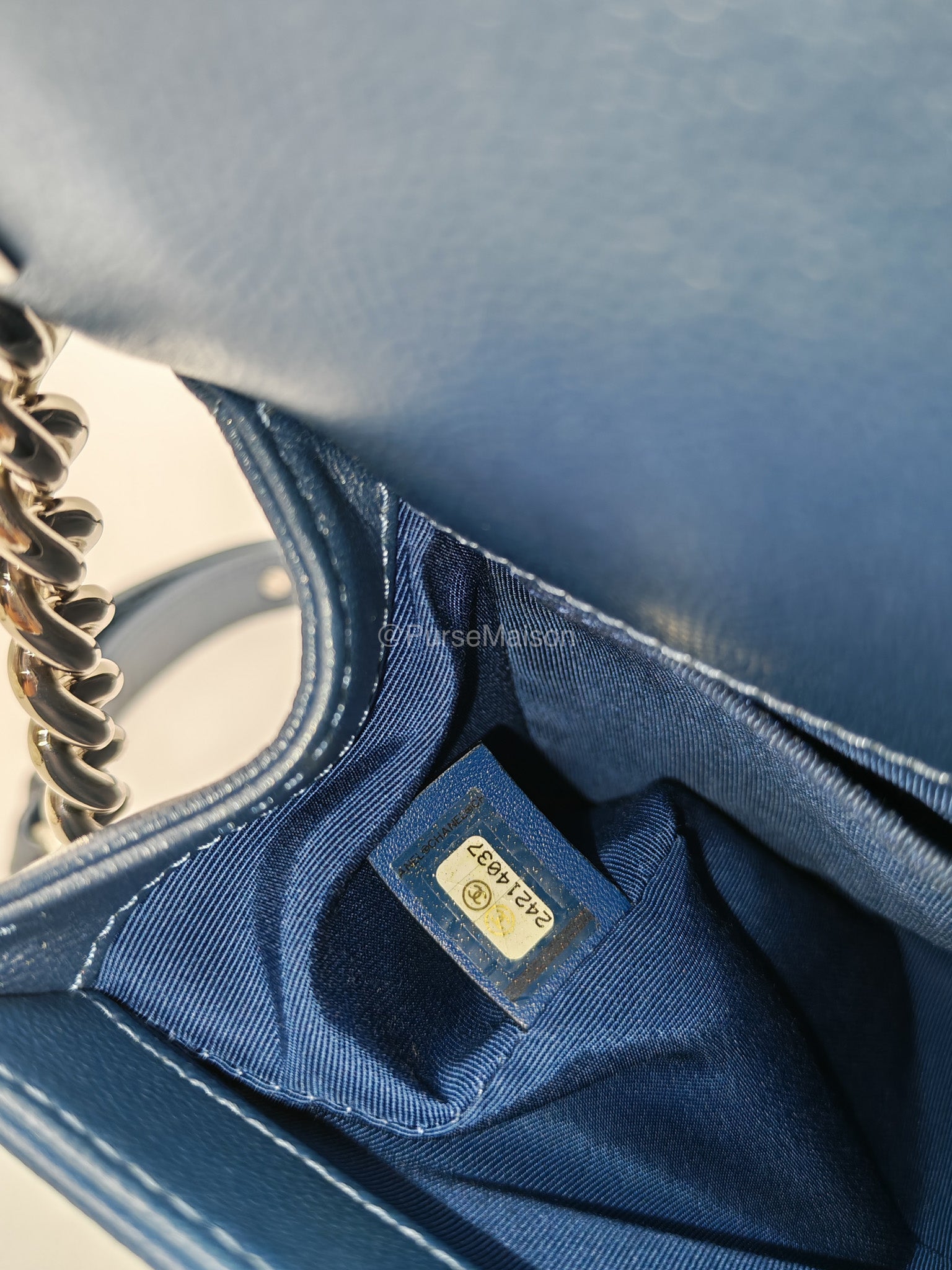 Chanel Le Boy Old Medium in Dark Blue Caviar Leather Silver Hardware (Series 24) | Purse Maison Luxury Bags Shop