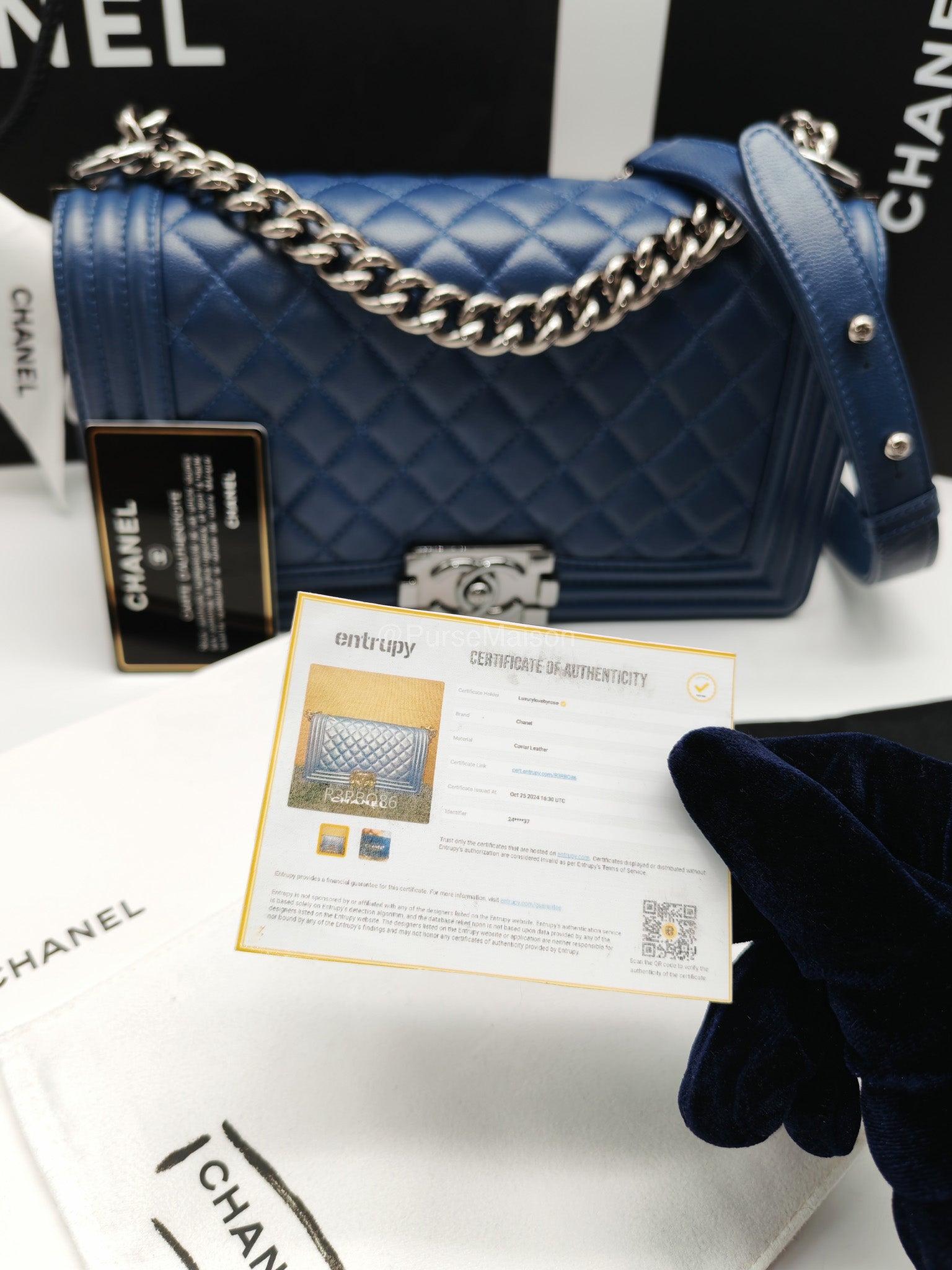 Chanel Le Boy Old Medium in Dark Blue Caviar Leather Silver Hardware (Series 24) | Purse Maison Luxury Bags Shop