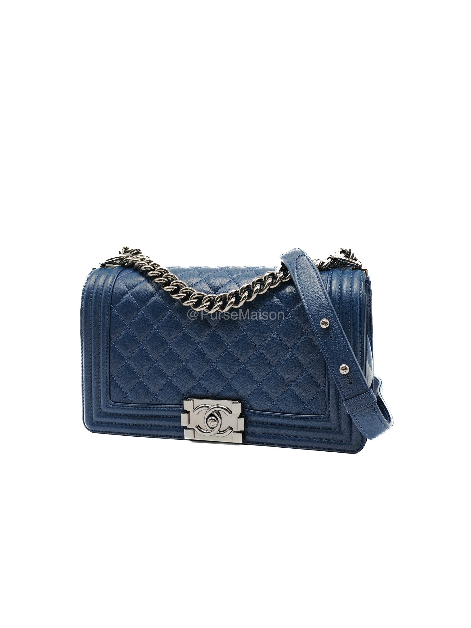 Chanel Le Boy Old Medium in Dark Blue Caviar Leather Silver Hardware (Series 24) | Purse Maison Luxury Bags Shop