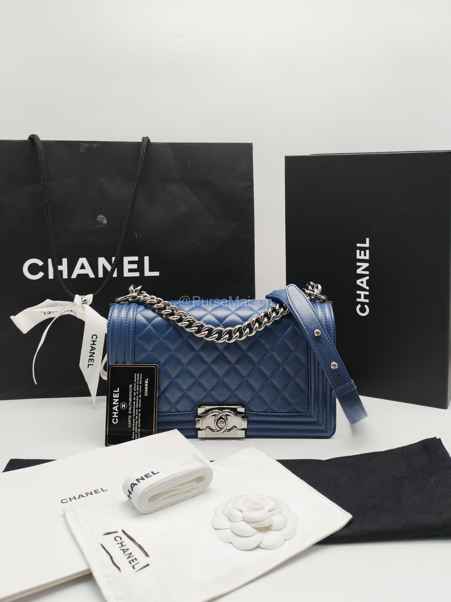 Chanel Le Boy Old Medium in Dark Blue Caviar Leather Silver Hardware (Series 24) | Purse Maison Luxury Bags Shop
