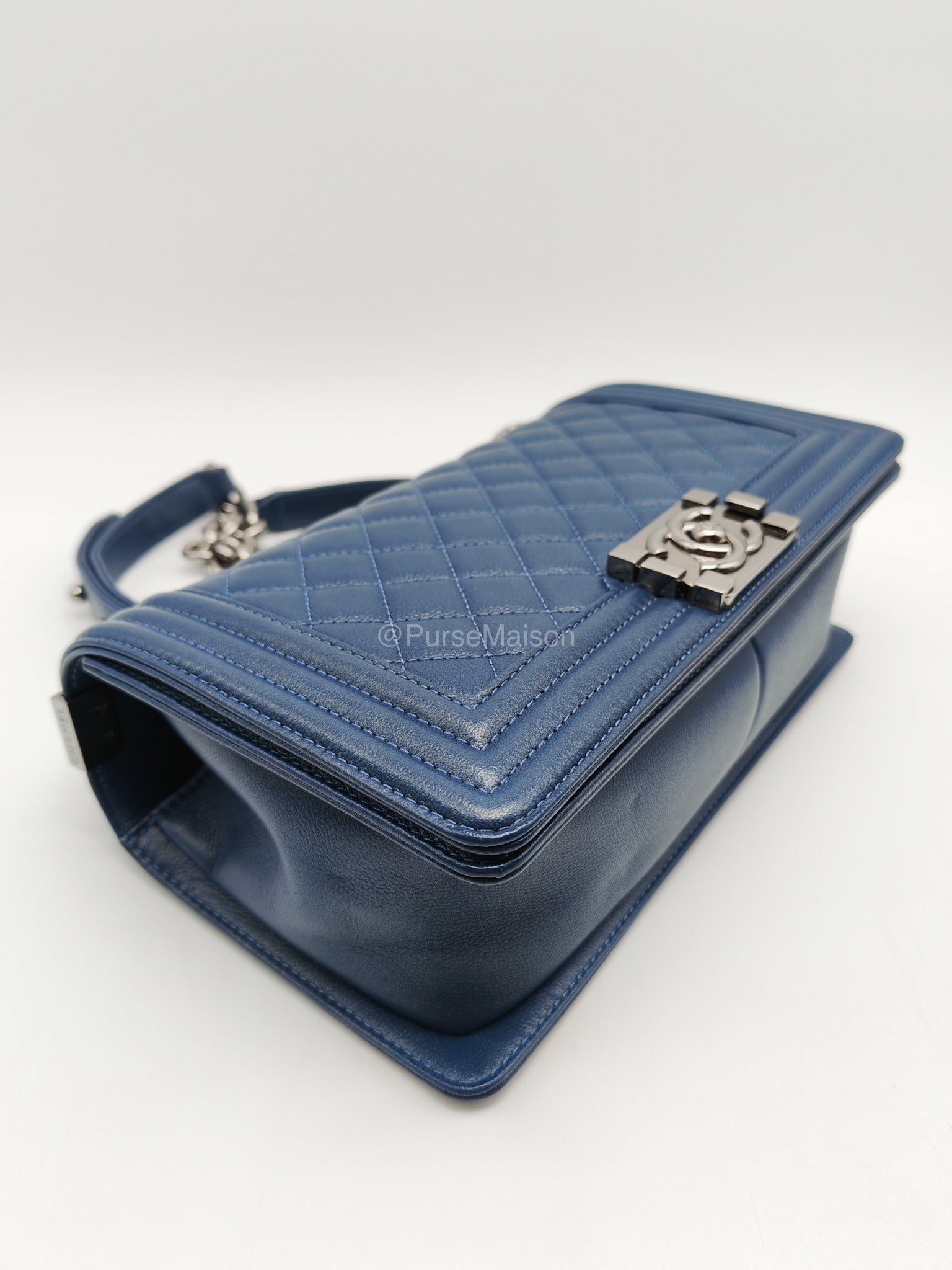 Chanel Le Boy Old Medium in Dark Blue Caviar Leather Silver Hardware (Series 24) | Purse Maison Luxury Bags Shop