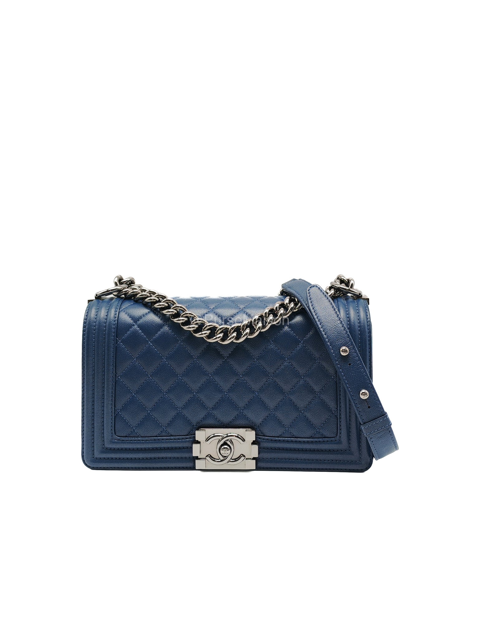 Chanel Le Boy Old Medium in Dark Blue Caviar Leather Silver Hardware (Series 24) | Purse Maison Luxury Bags Shop