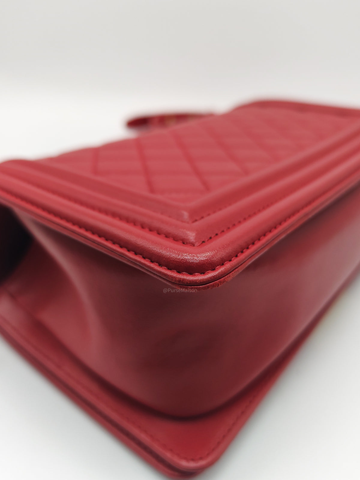 Chanel Le Boy Old Medium in Red Lambskin Leather in Red Aged Gold Hardware (Series 23) | Purse Maison Luxury Bags Shop