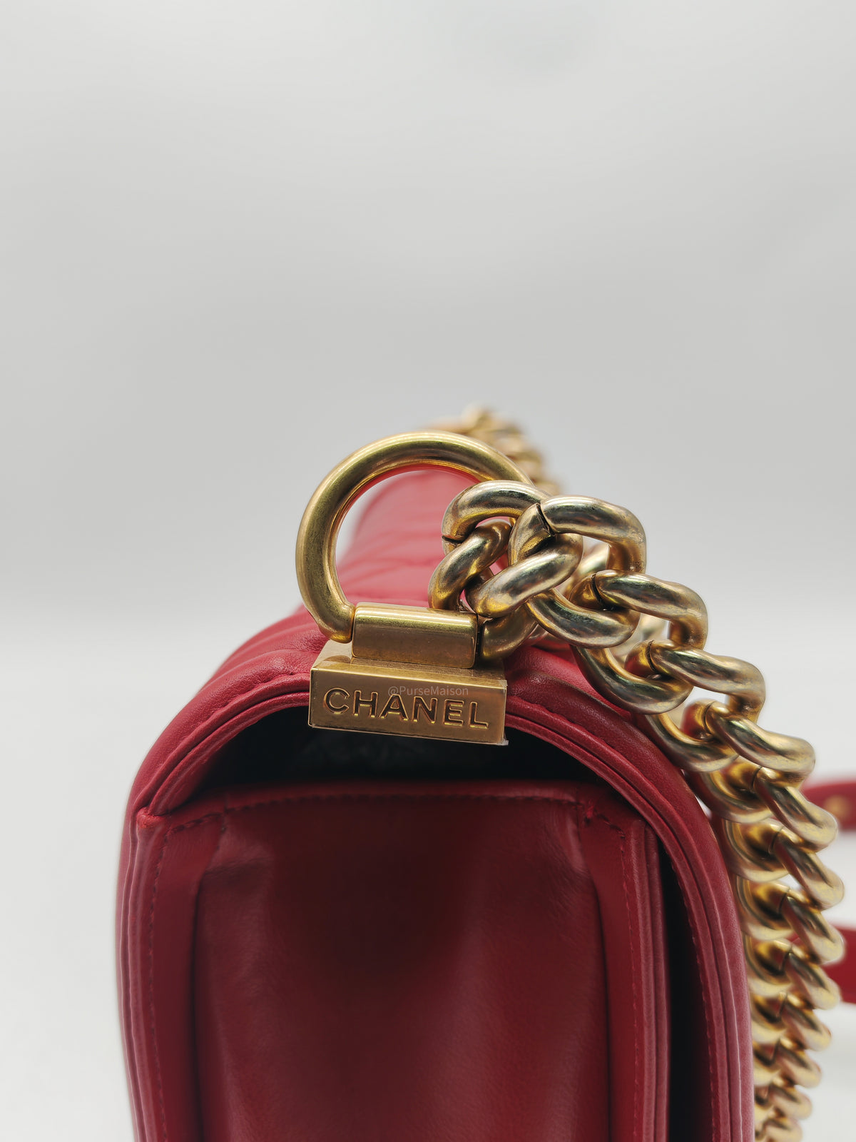 Chanel Le Boy Old Medium in Red Lambskin Leather in Red Aged Gold Hardware (Series 23) | Purse Maison Luxury Bags Shop