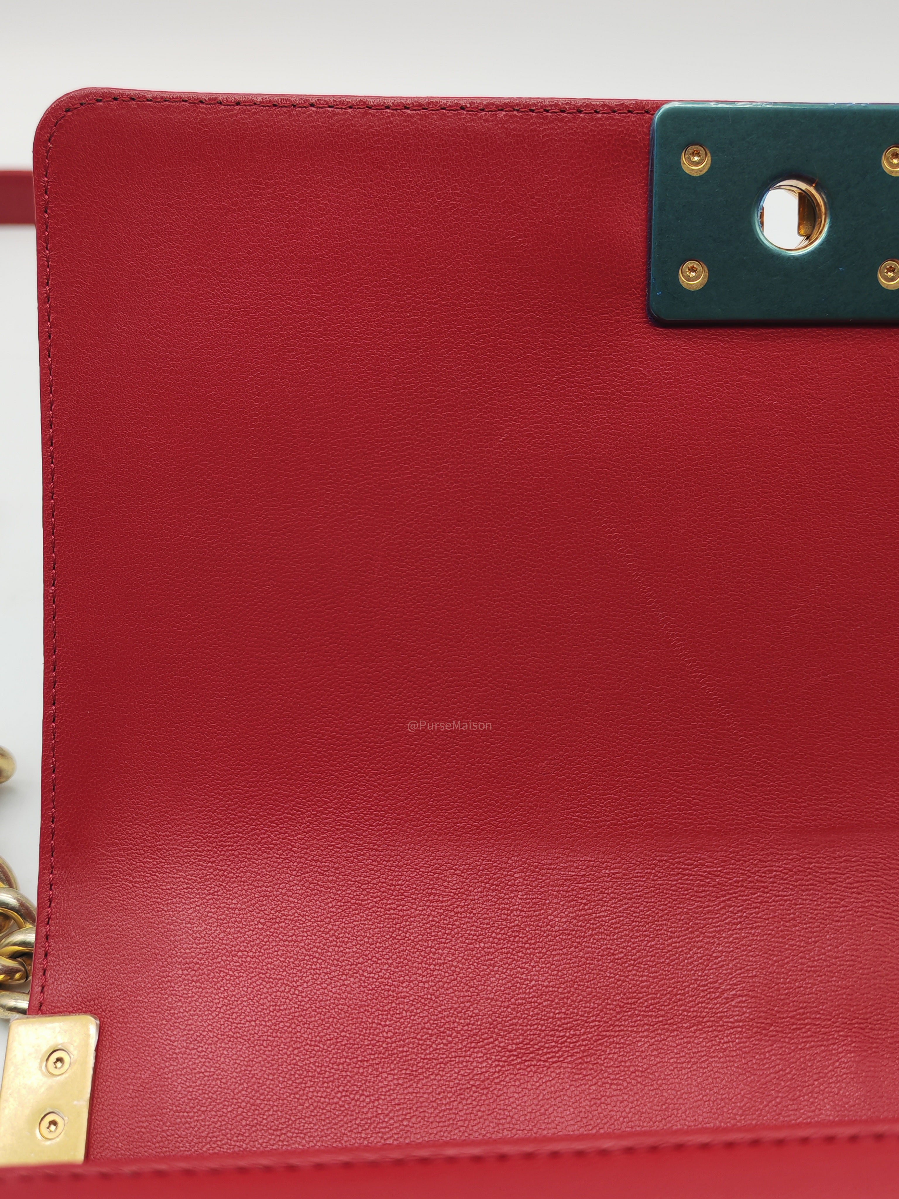 Chanel Le Boy Old Medium in Red Lambskin Leather in Red Aged Gold Hardware (Series 23) | Purse Maison Luxury Bags Shop