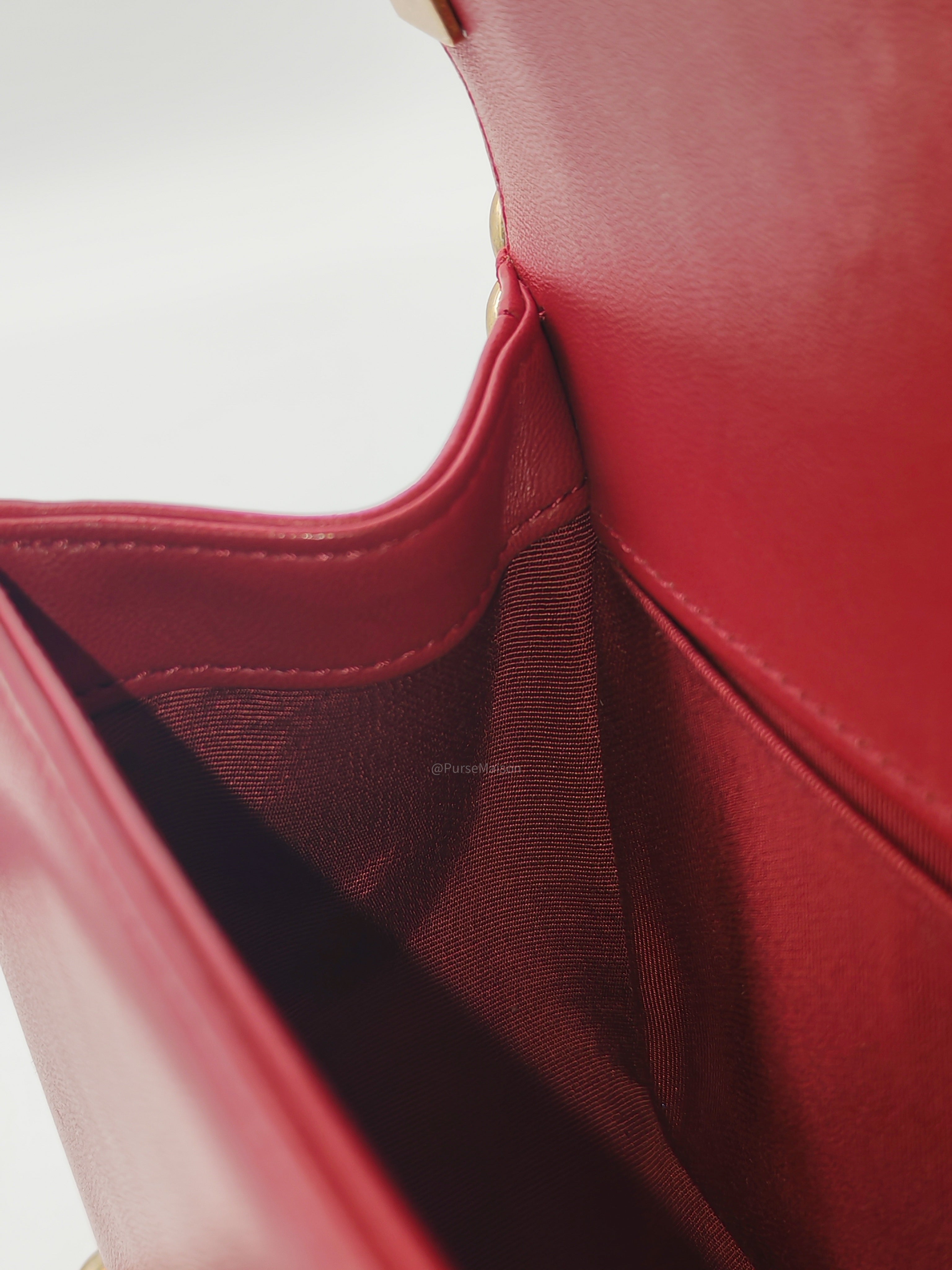 Chanel Le Boy Old Medium in Red Lambskin Leather in Red Aged Gold Hardware (Series 23) | Purse Maison Luxury Bags Shop