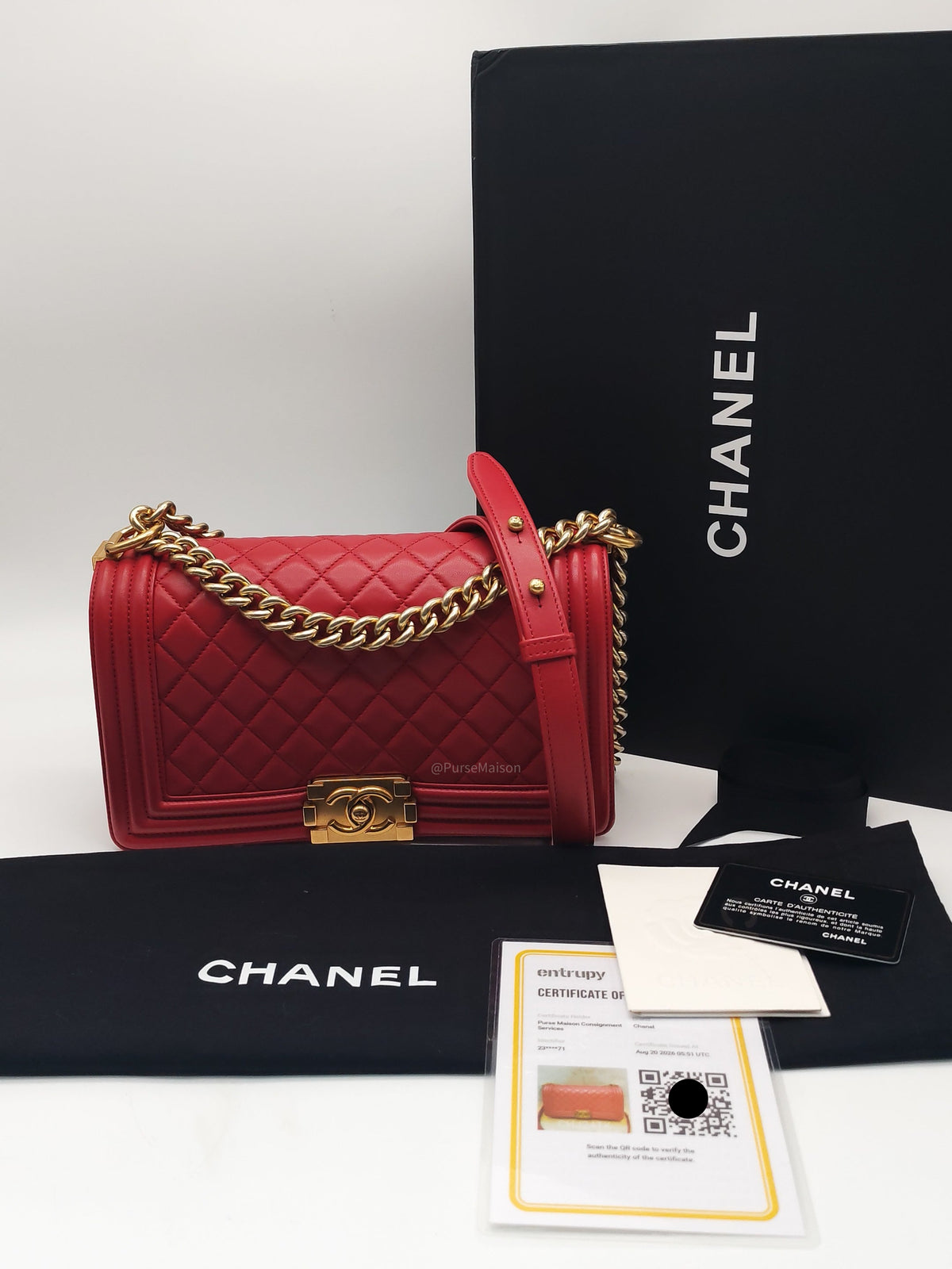 Chanel Le Boy Old Medium in Red Lambskin Leather in Red Aged Gold Hardware (Series 23) | Purse Maison Luxury Bags Shop